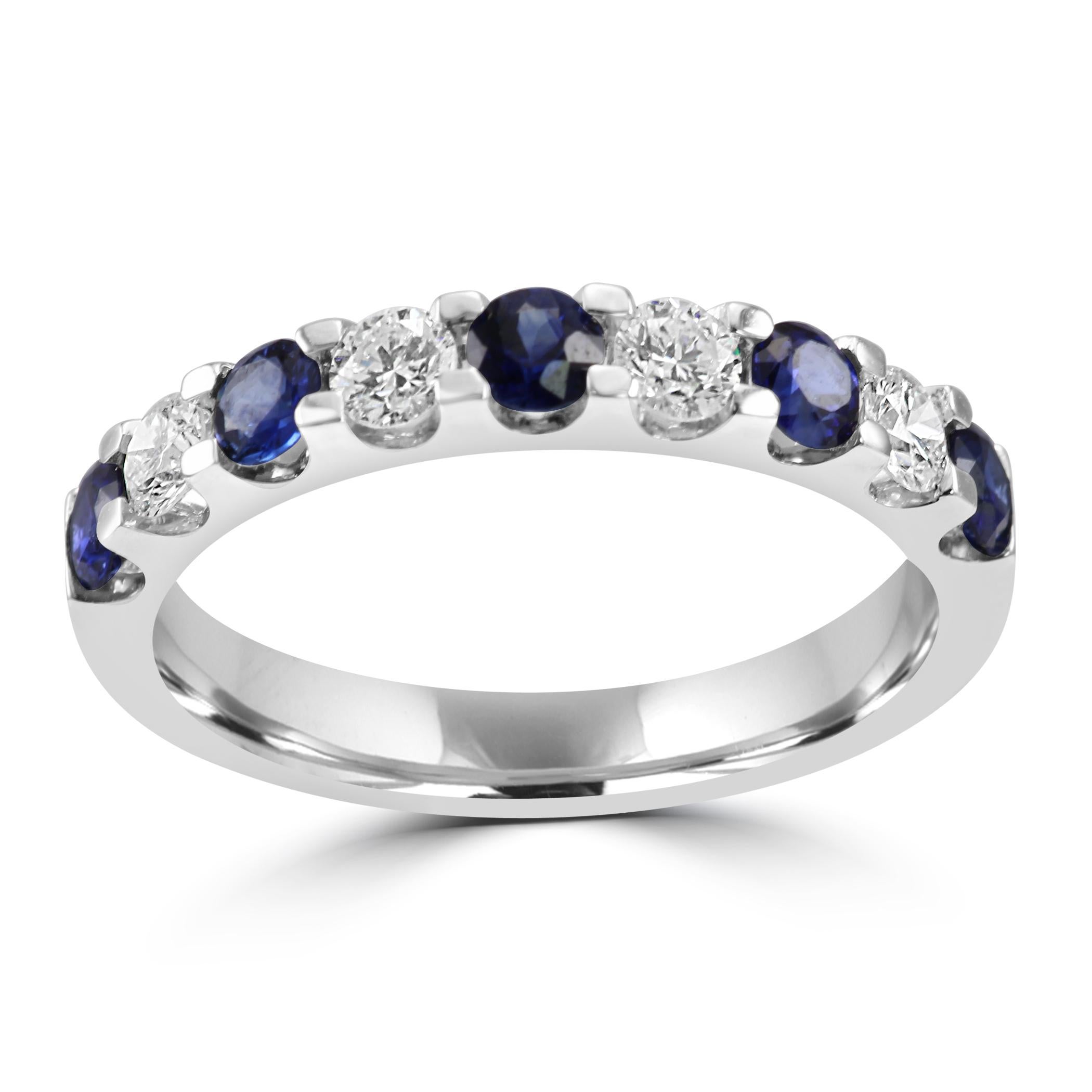 For Sale:  Blue Sapphire White Diamond Round 18K White Gold 9 Stone Engagement Band Ring 2