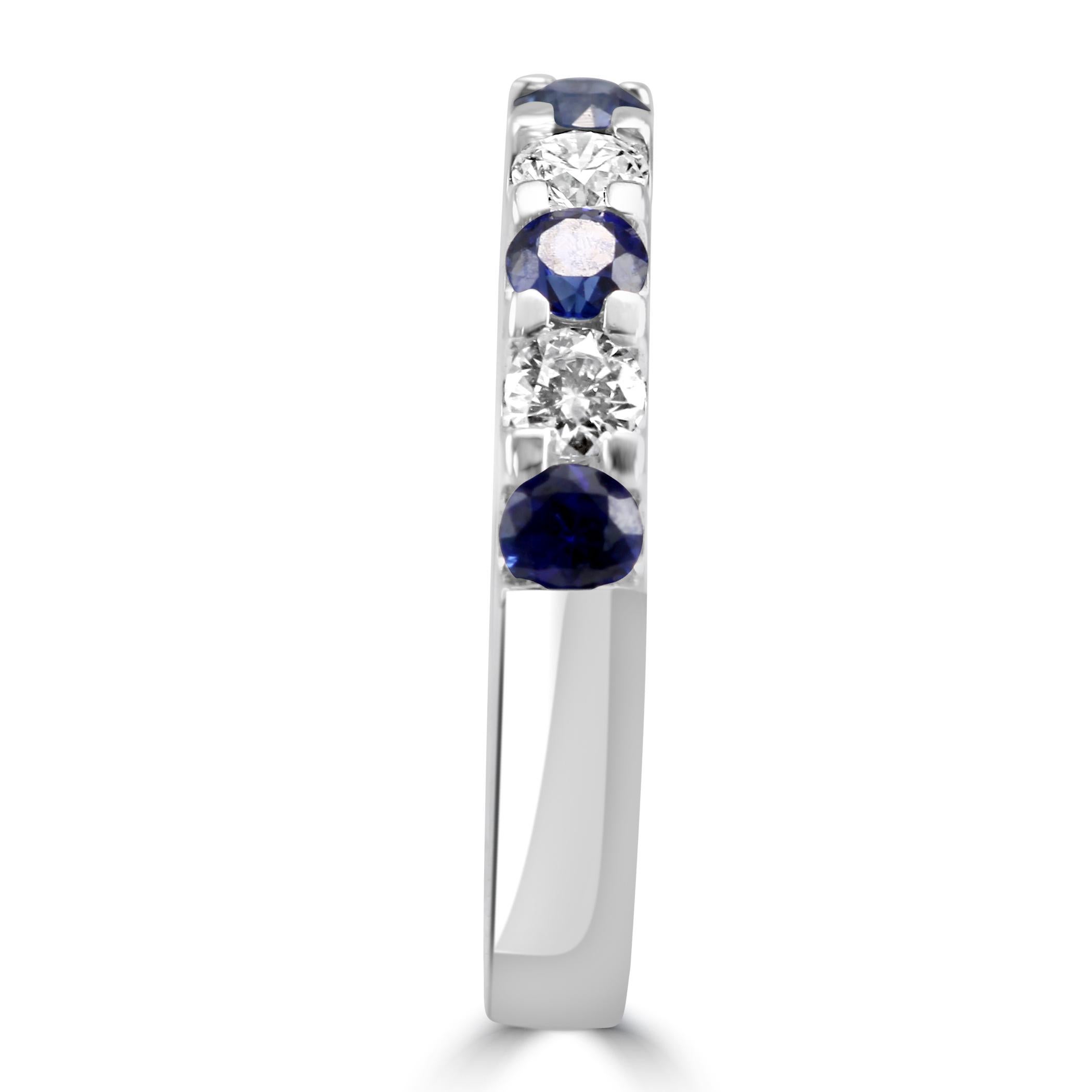 For Sale:  Blue Sapphire White Diamond Round 18K White Gold 9 Stone Engagement Band Ring 3