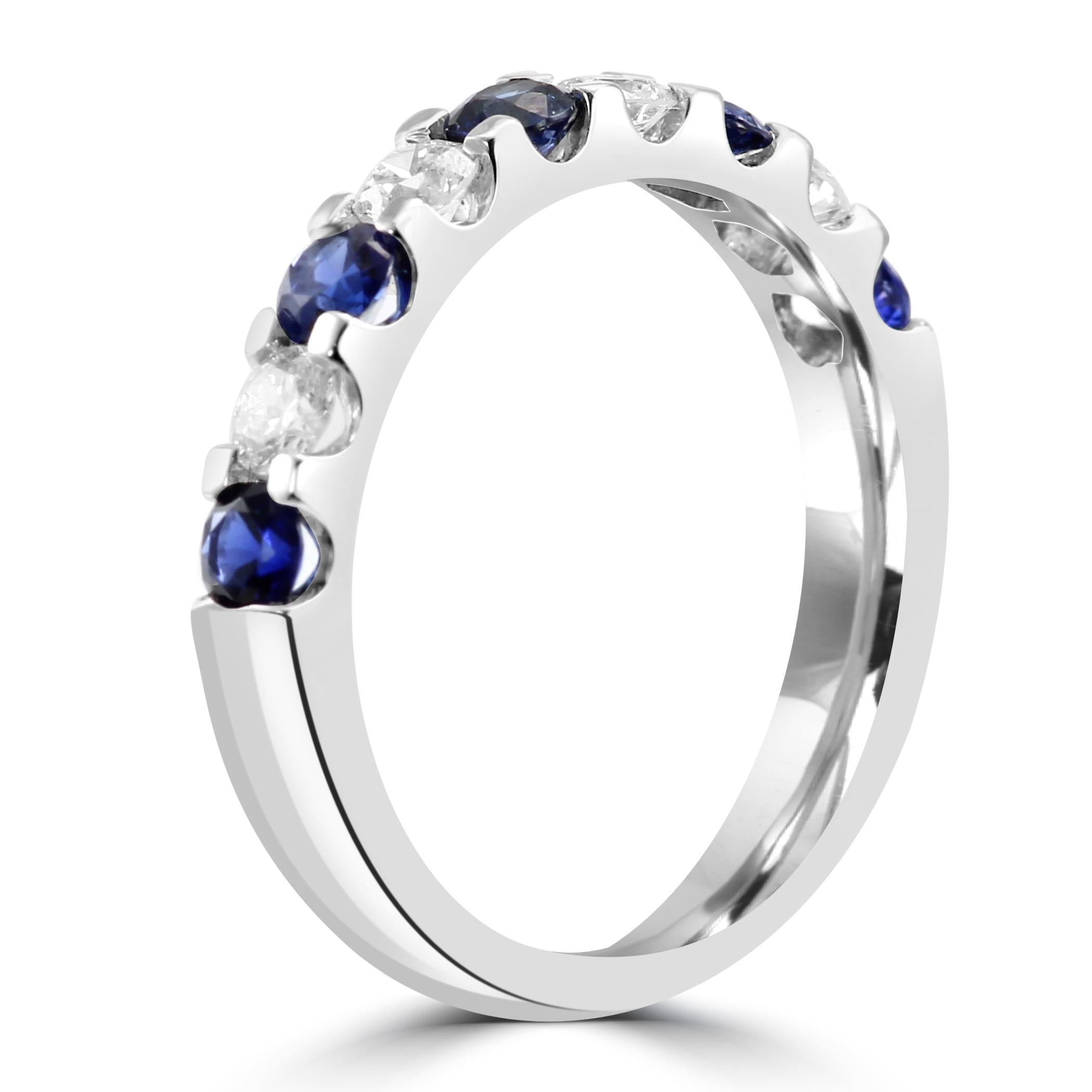 For Sale:  Blue Sapphire White Diamond Round 18K White Gold 9 Stone Engagement Band Ring 4