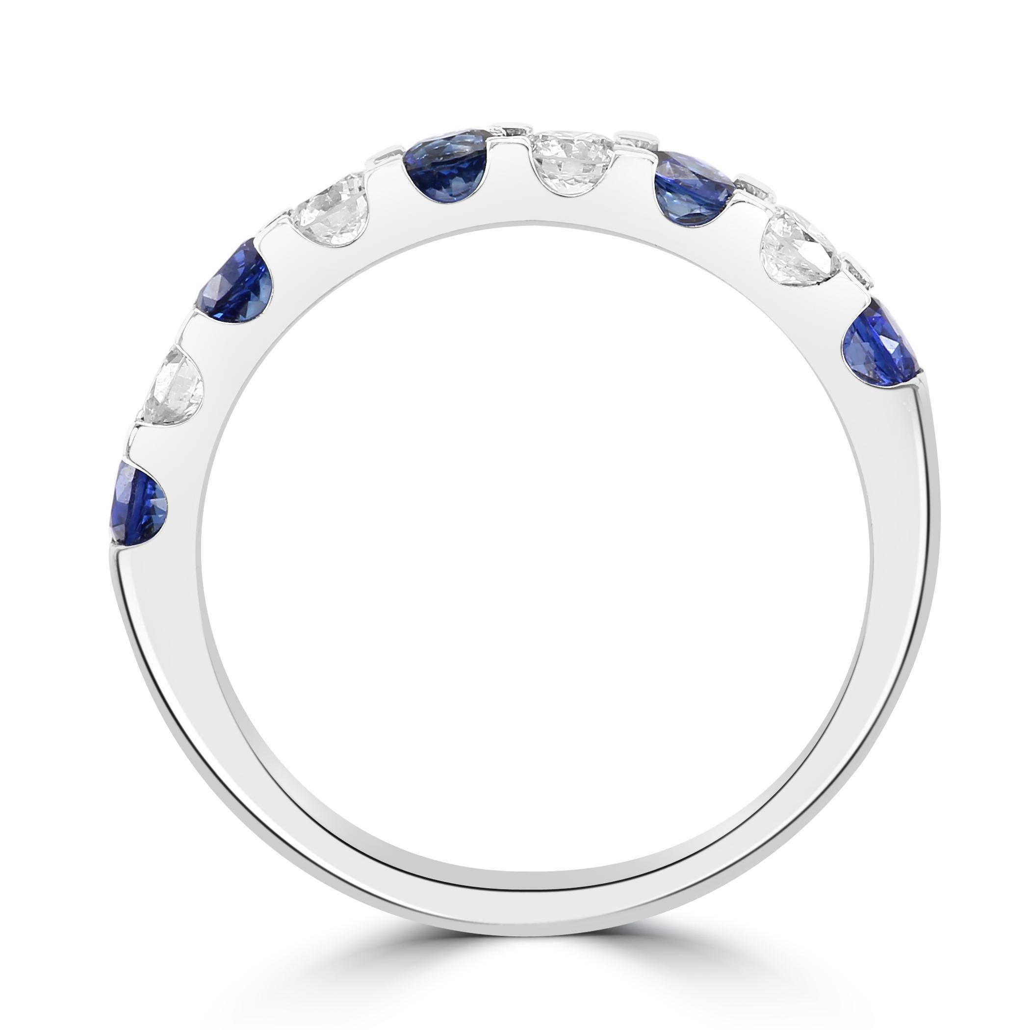 For Sale:  Blue Sapphire White Diamond Round 18K White Gold 9 Stone Engagement Band Ring 5