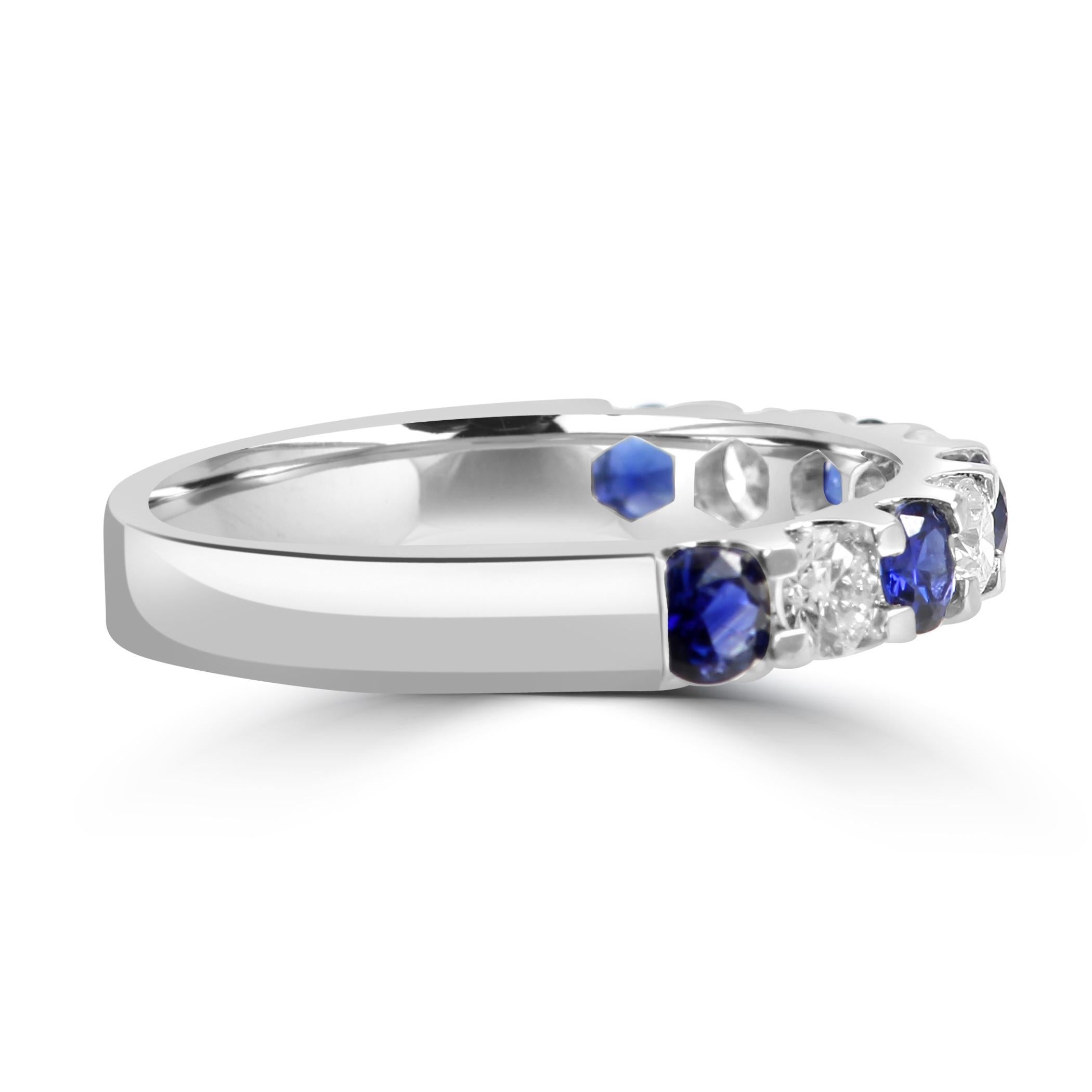 For Sale:  Blue Sapphire White Diamond Round 18K White Gold 9 Stone Engagement Band Ring 6