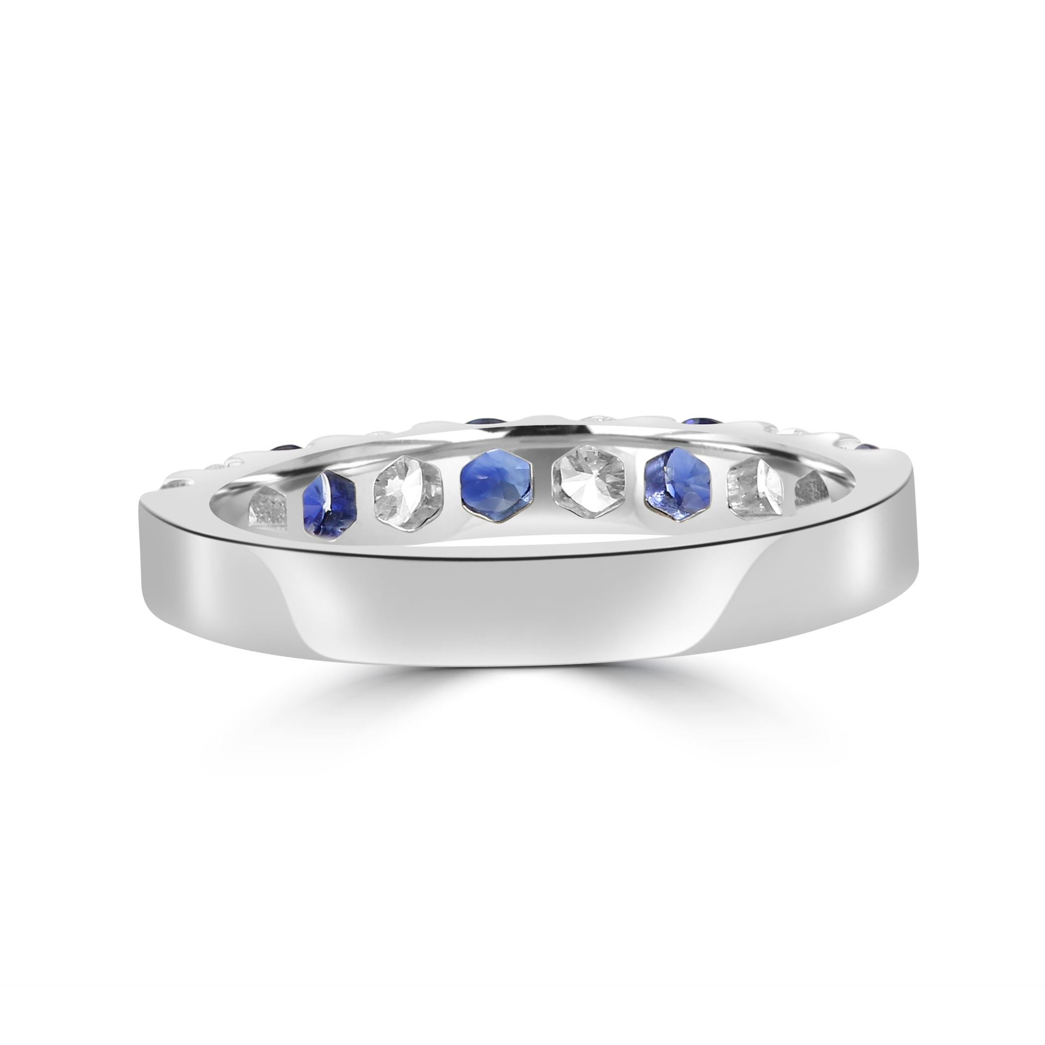 For Sale:  Blue Sapphire White Diamond Round 18K White Gold 9 Stone Engagement Band Ring 7