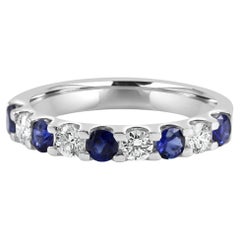 Blue Sapphire White Diamond Round 18K White Gold 9 Stone Engagement Band Ring