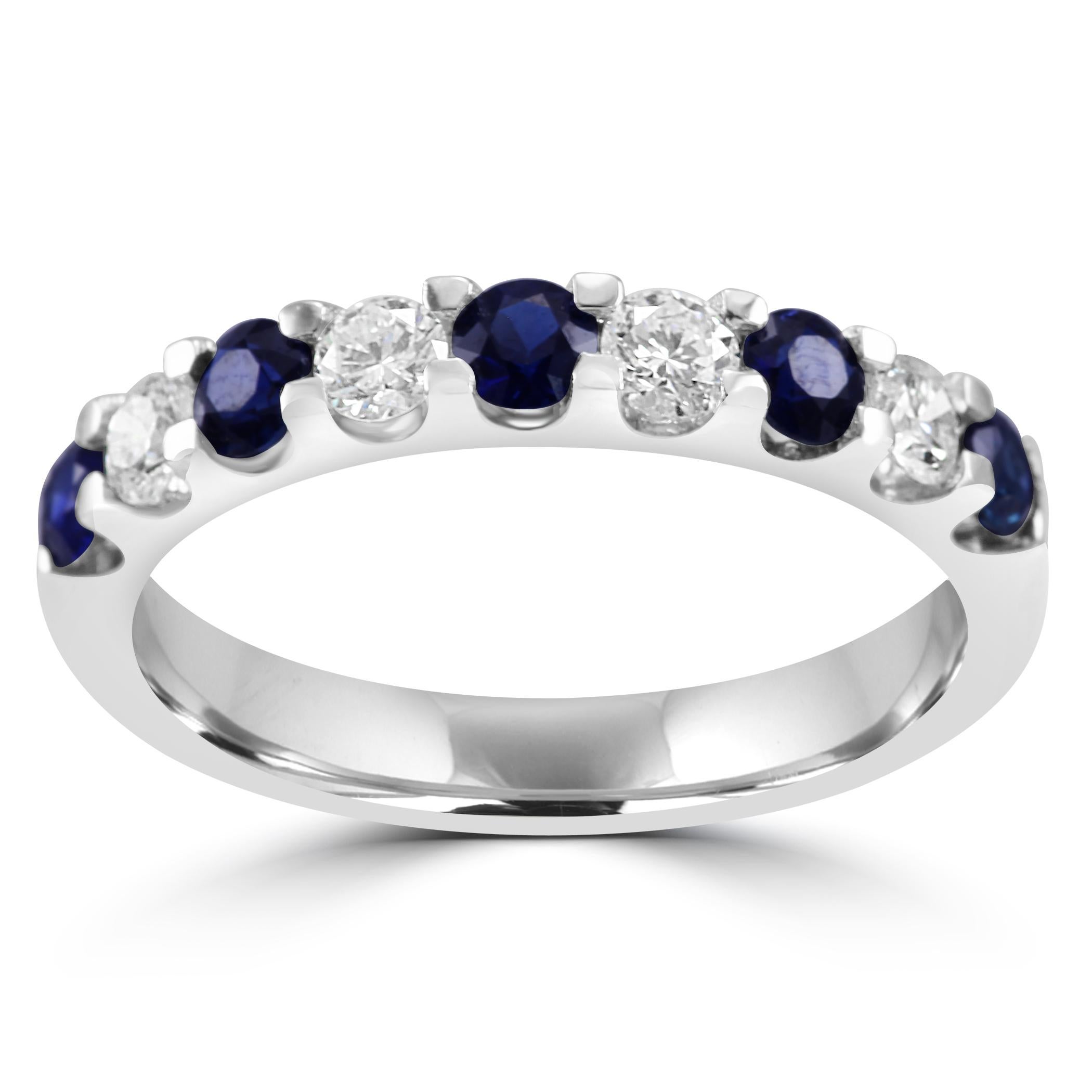 For Sale:  Blue Sapphire White Diamond Round 18K White Gold Fashion Engagement Band Ring 2