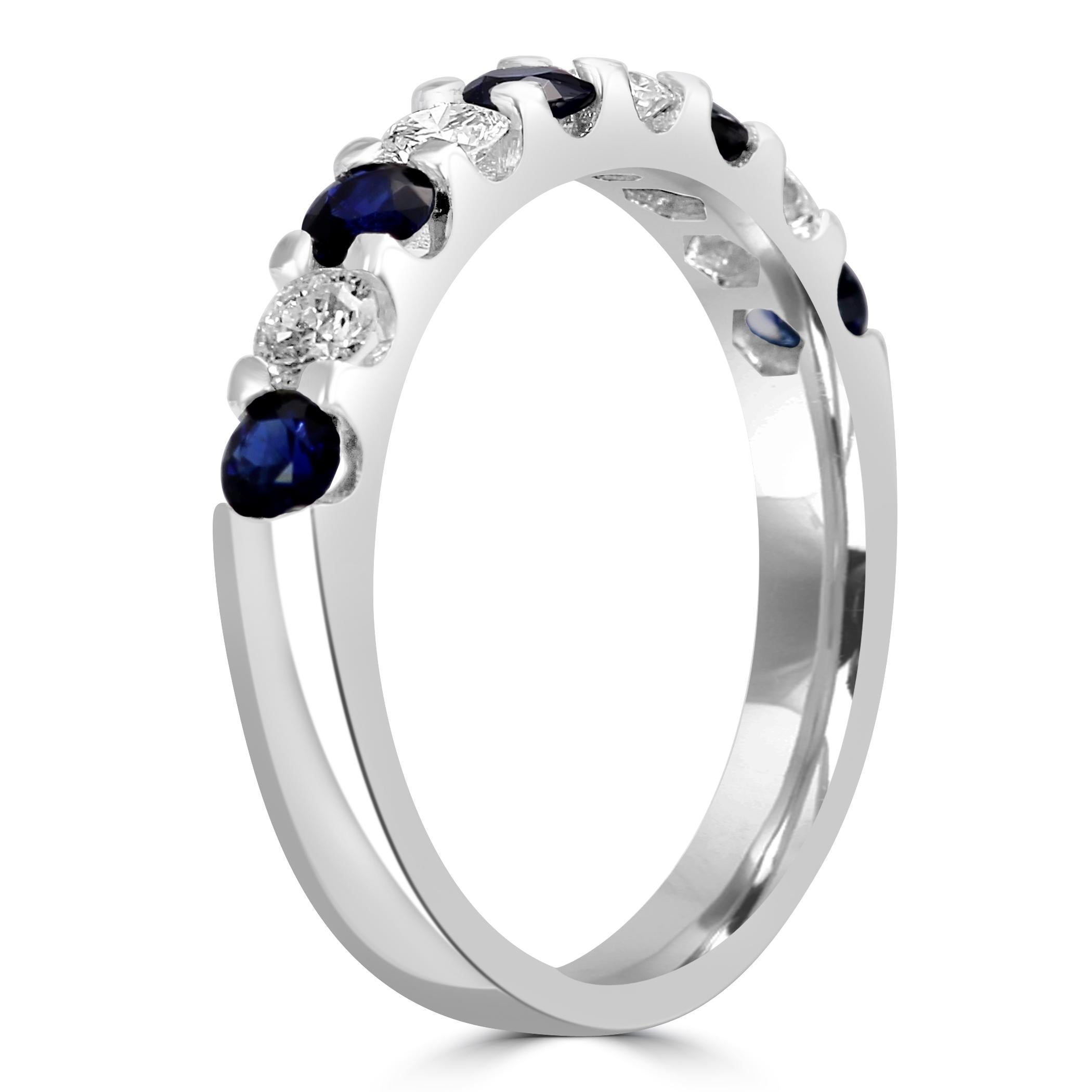 For Sale:  Blue Sapphire White Diamond Round 18K White Gold Fashion Engagement Band Ring 5