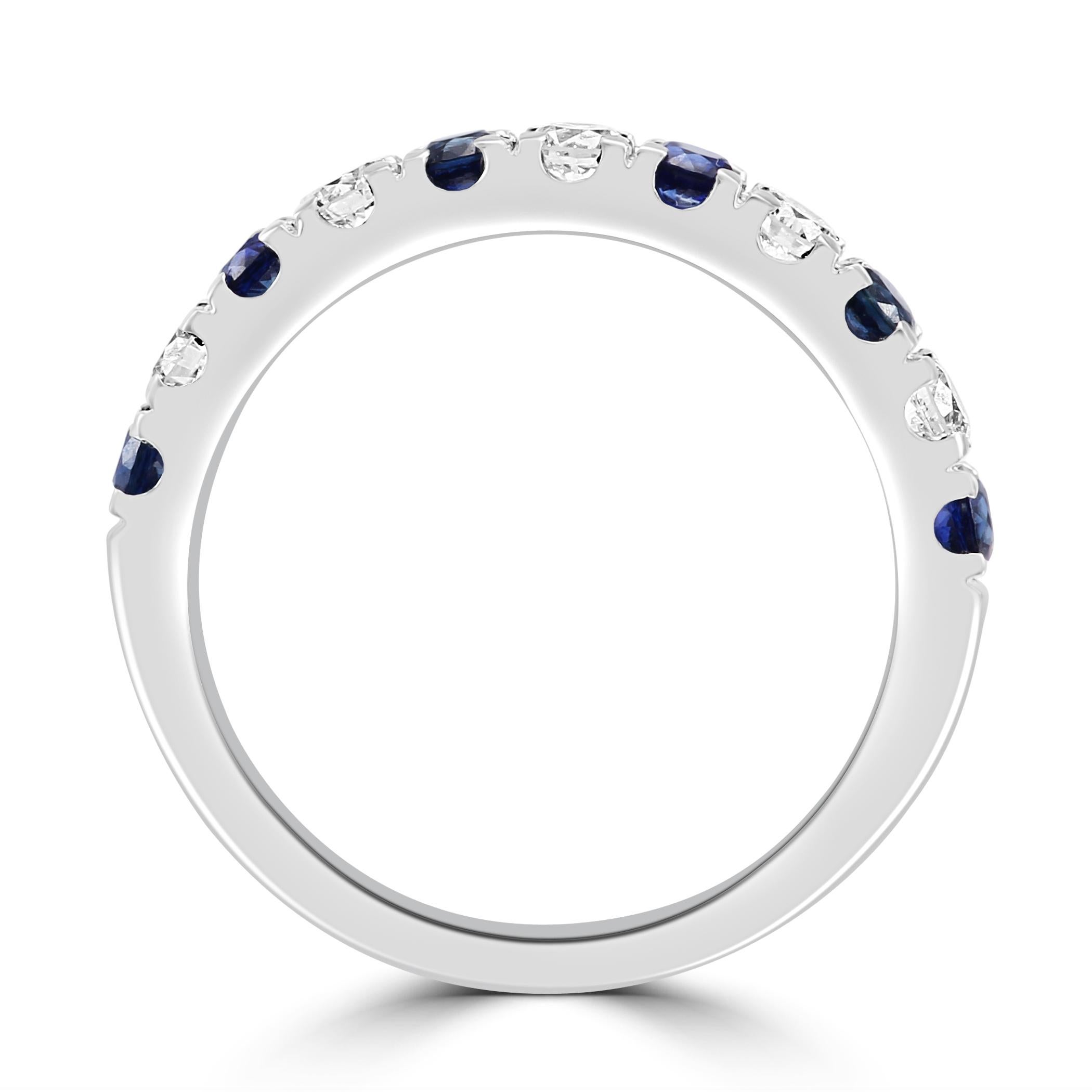 For Sale:  Blue Sapphire White Diamond Round 18K White Gold Fashion Engagement Band Ring 6