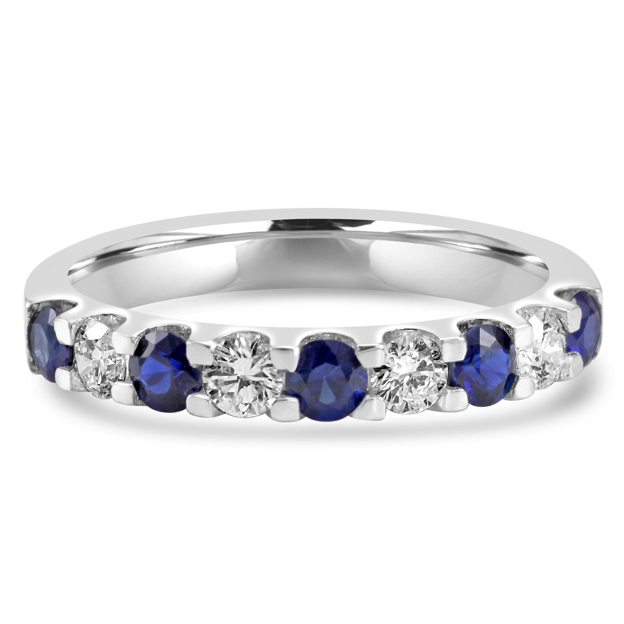 For Sale:  Blue Sapphire White Diamond Round 18K White Gold Fashion Engagement Band Ring 8