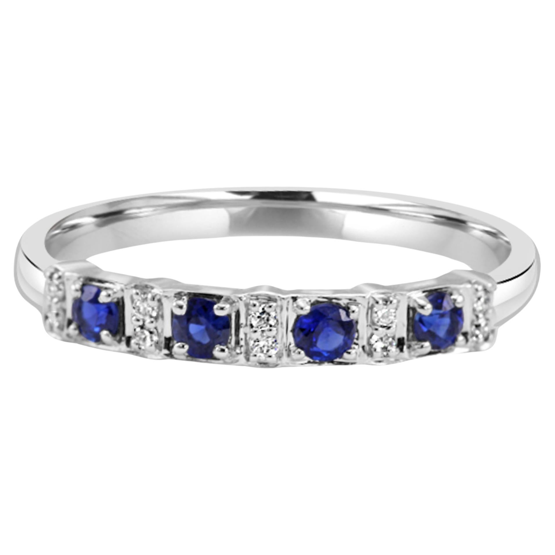 Blue Sapphire White Diamond Round 18K White Gold Fashion Engagement Band Ring