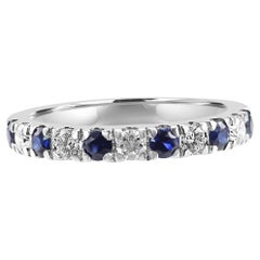 Blue Sapphire White Diamond Round 18K White Gold Fashion Engagement Band Ring