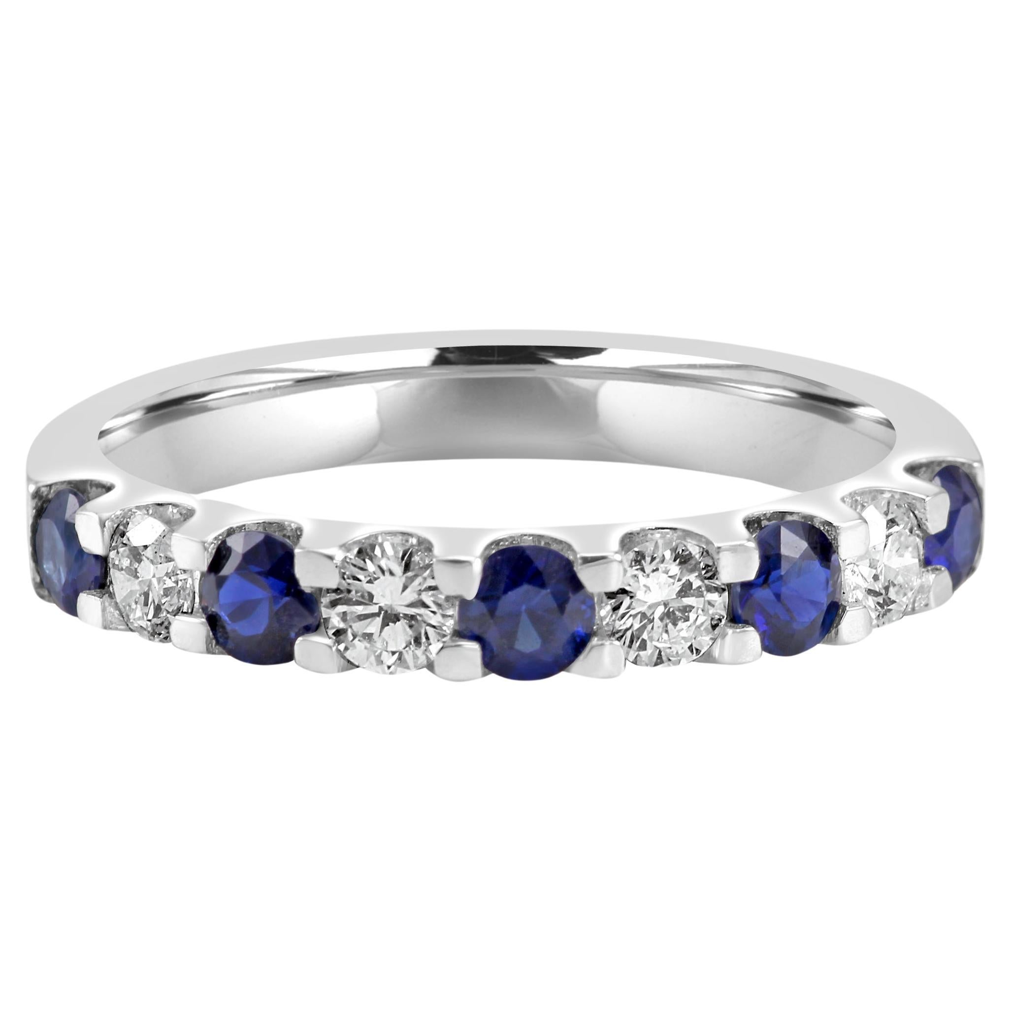 Blue Sapphire White Diamond Round 18K White Gold Fashion Engagement Band Ring