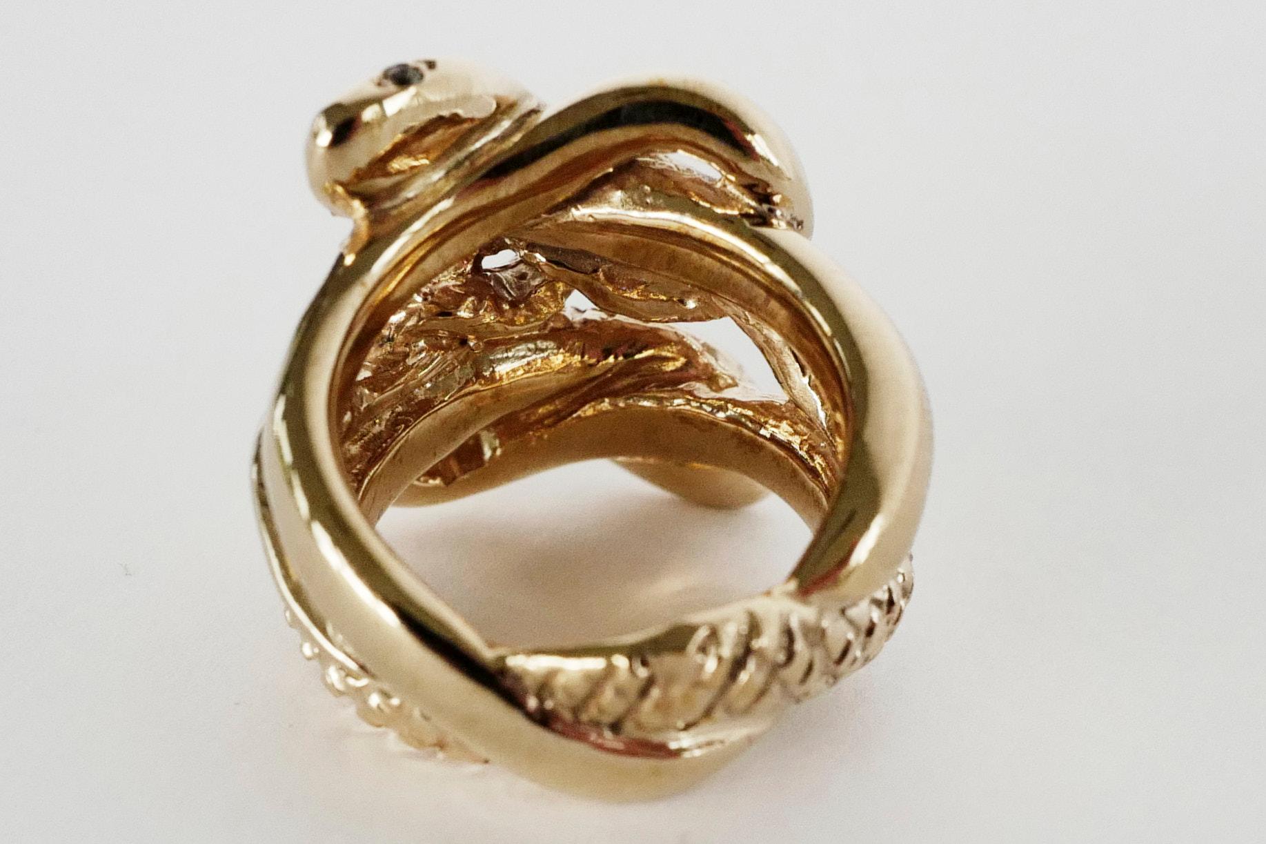 Blauer Saphir Weißer Diamant Schlangenring Rubin viktorianischer Stil Doppelkopf Bronze im Angebot 7