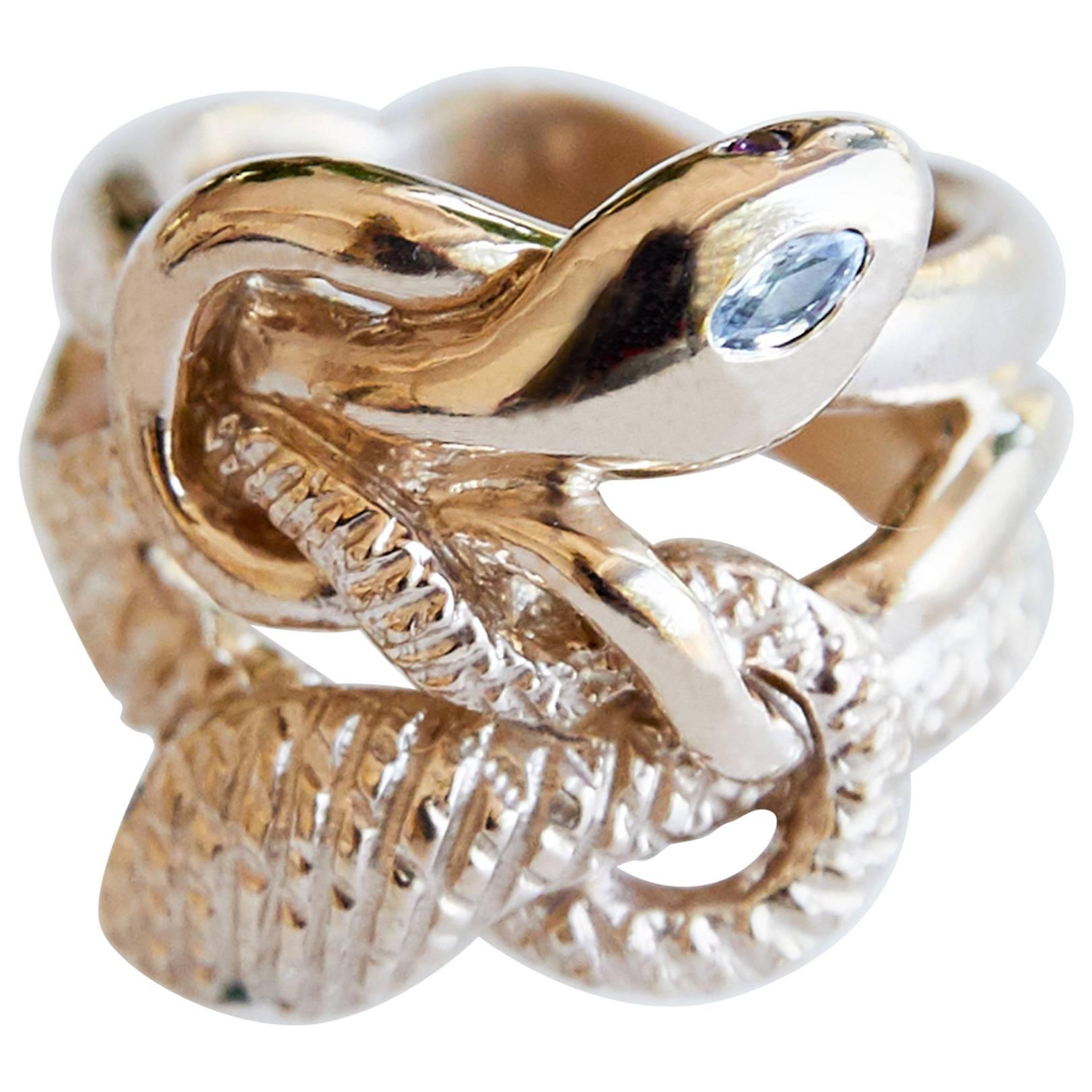 Blauer Saphir Weißer Diamant Schlangenring Rubin viktorianischer Stil Doppelkopf Bronze im Angebot 8