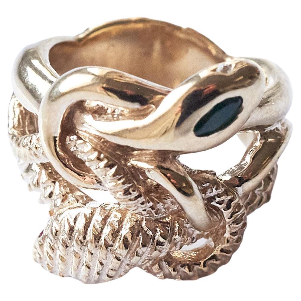 Blauer Saphir Weißer Diamant Schlangenring Rubin viktorianischer Stil Doppelkopf Bronze im Angebot