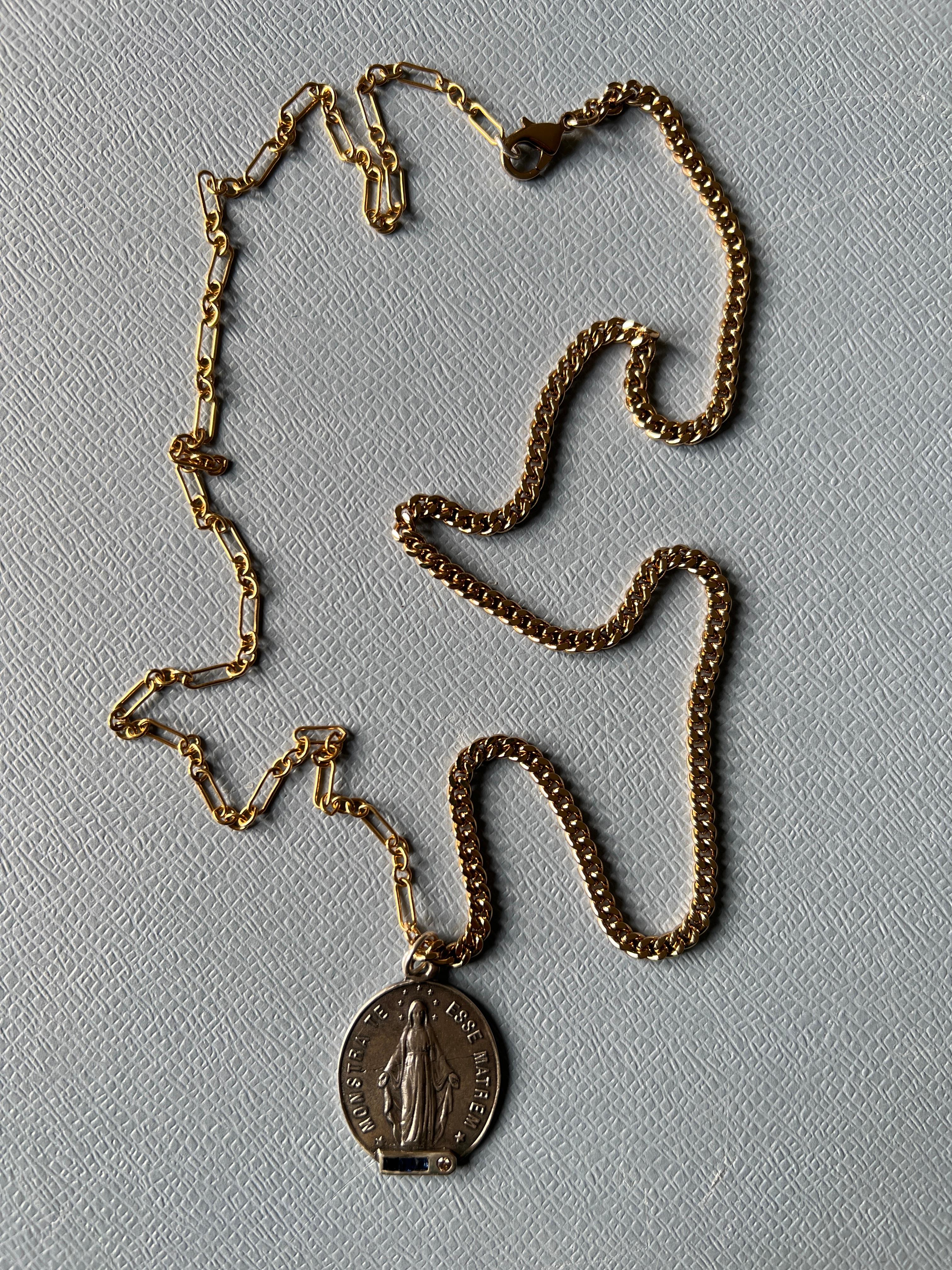 Blue Sapphire White Diamond Virgn Marie Necklace Medal For Sale 4