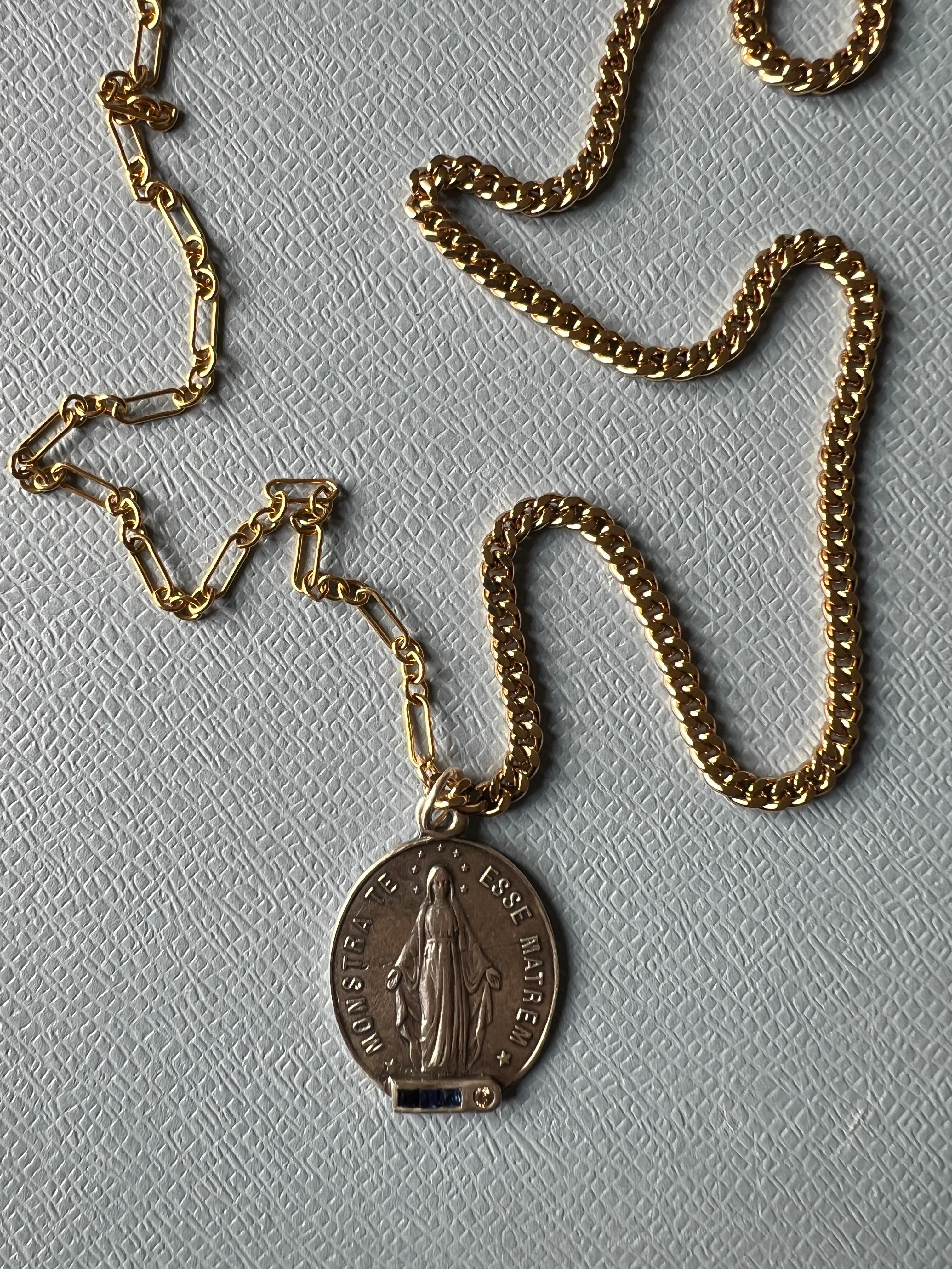 Blue Sapphire White Diamond Virgn Marie Necklace Medal For Sale 7