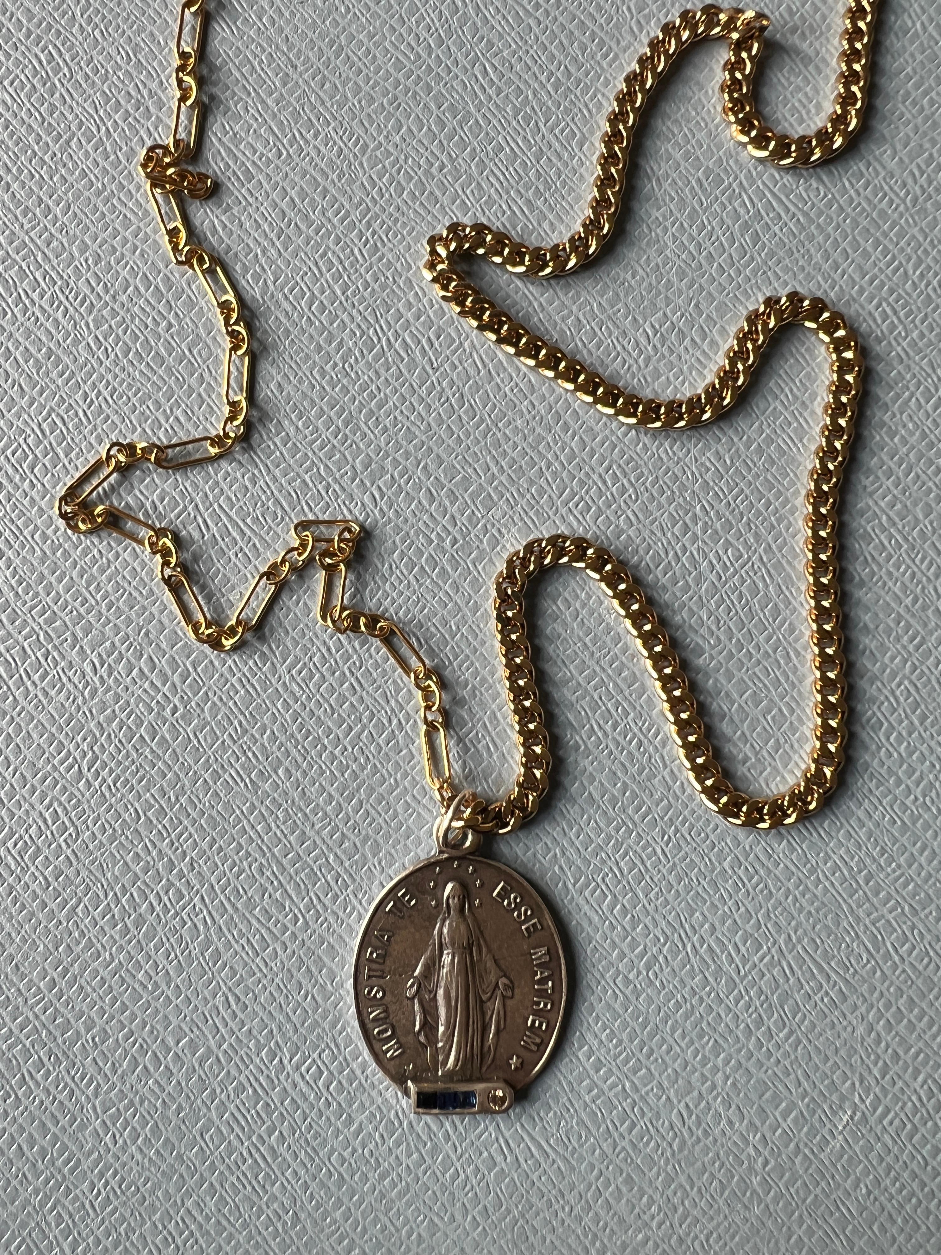 Blue Sapphire White Diamond Virgn Marie Necklace Medal For Sale 8