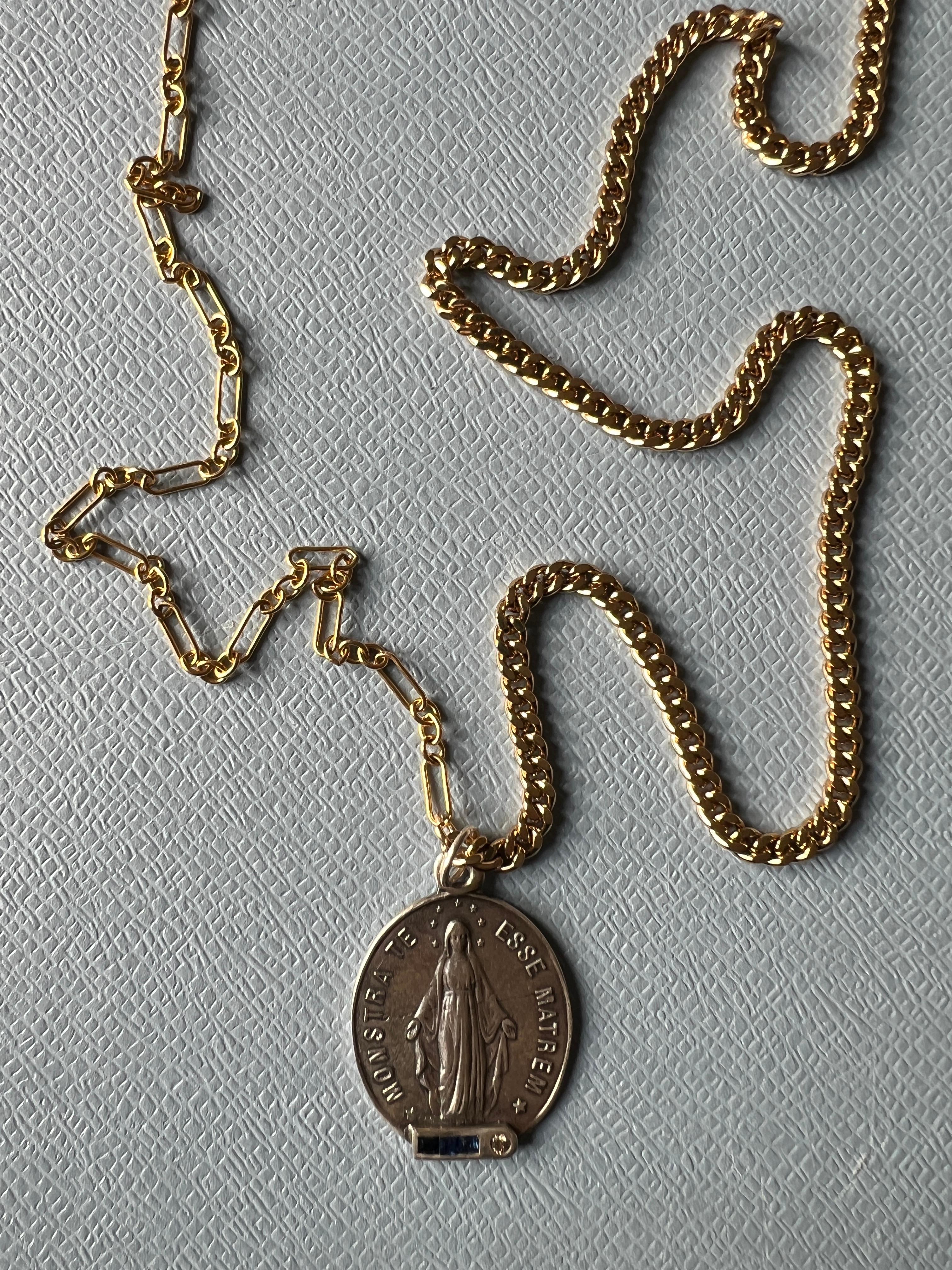 Blue Sapphire White Diamond Virgn Marie Necklace Medal For Sale 9