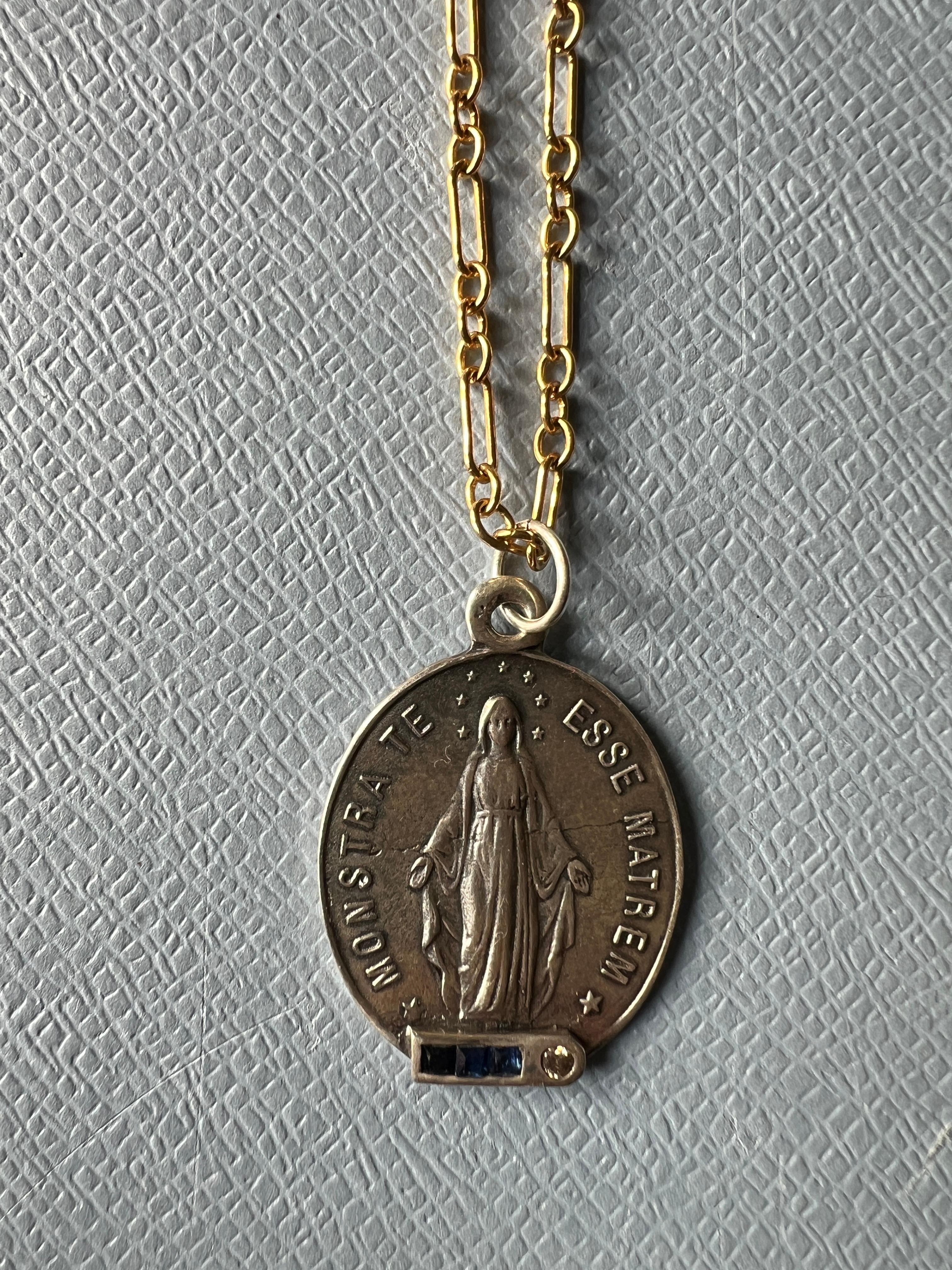 Blue Sapphire White Diamond Virgn Marie Necklace Medal In New Condition For Sale In Los Angeles, CA
