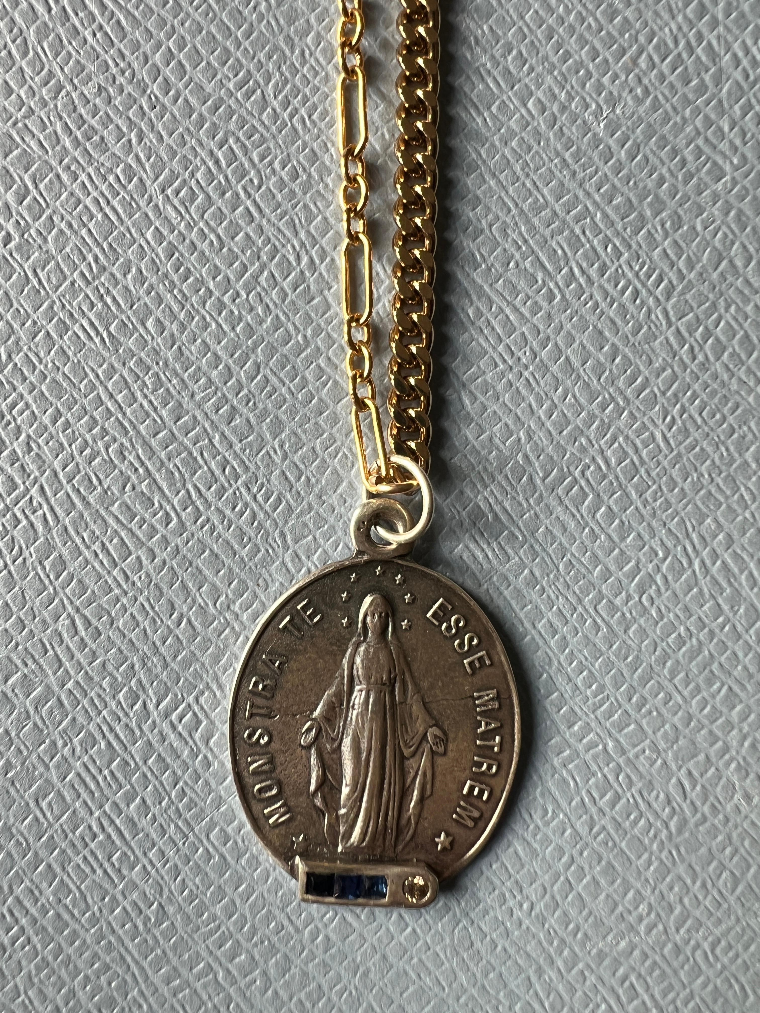 Blue Sapphire White Diamond Virgn Marie Necklace Medal For Sale 3