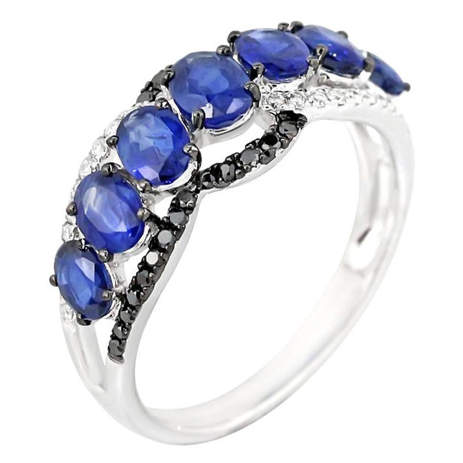 Blue Sapphire White Diamond White Gold Statement Ring