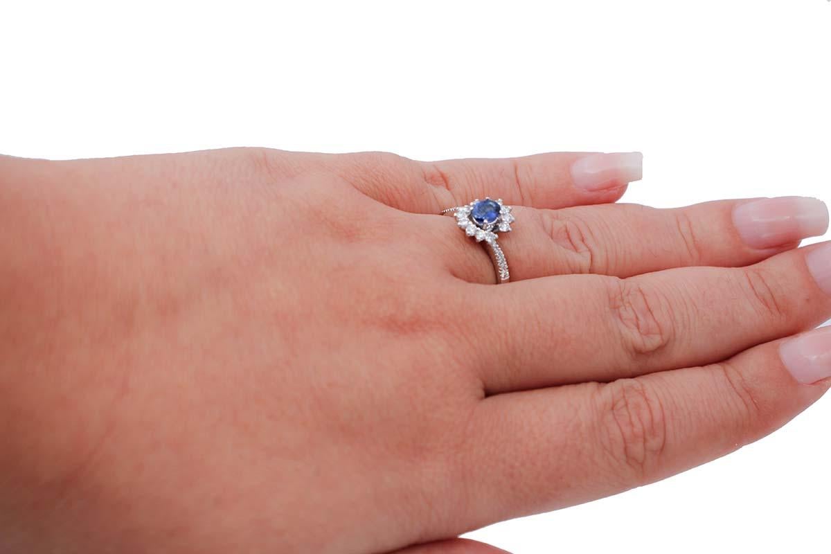 Mixed Cut Blue Sapphire, White Diamonds, 18 Karat White Gold Engagement Ring