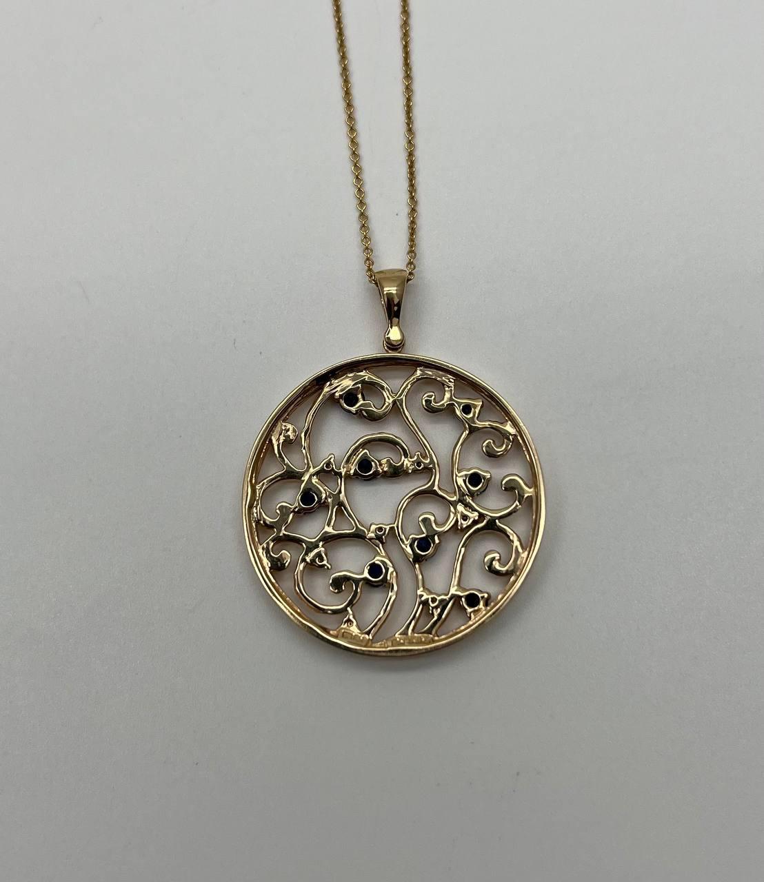 Contemporary Blue Sapphire White Diamonds Floral Tree Nature 14K Yellow Gold Pendant Necklace For Sale