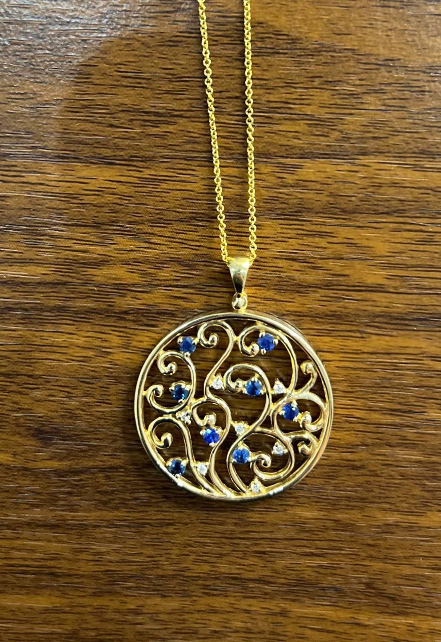 Mixed Cut Blue Sapphire White Diamonds Floral Tree Nature 14K Yellow Gold Pendant Necklace For Sale