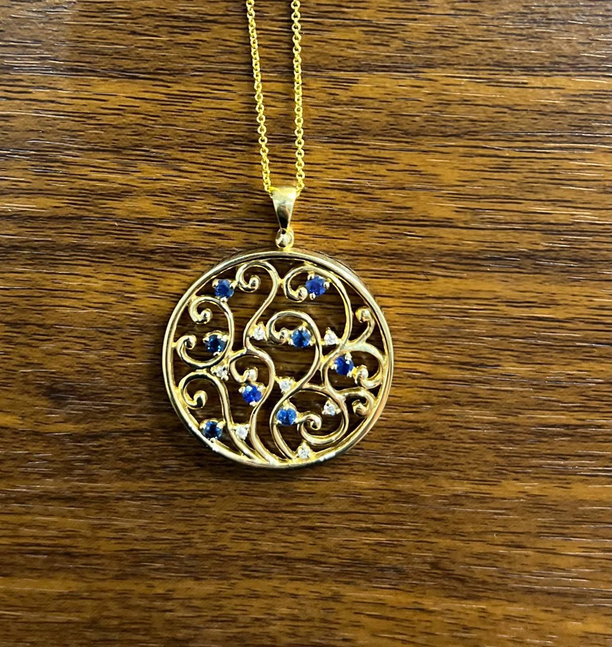 Blue Sapphire White Diamonds Floral Tree Nature 14K Yellow Gold Pendant Necklace In New Condition For Sale In Oakton, VA