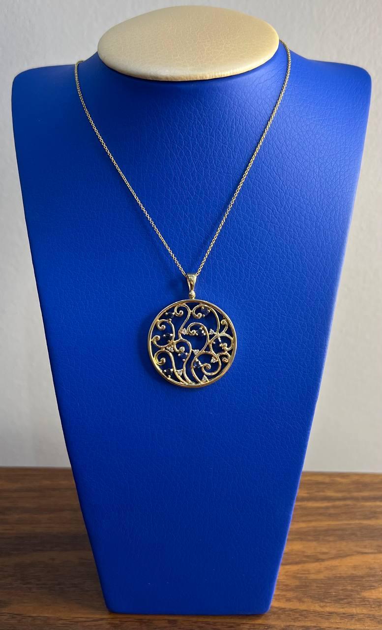 Blue Sapphire White Diamonds Floral Tree Nature 14K Yellow Gold Pendant Necklace For Sale 1