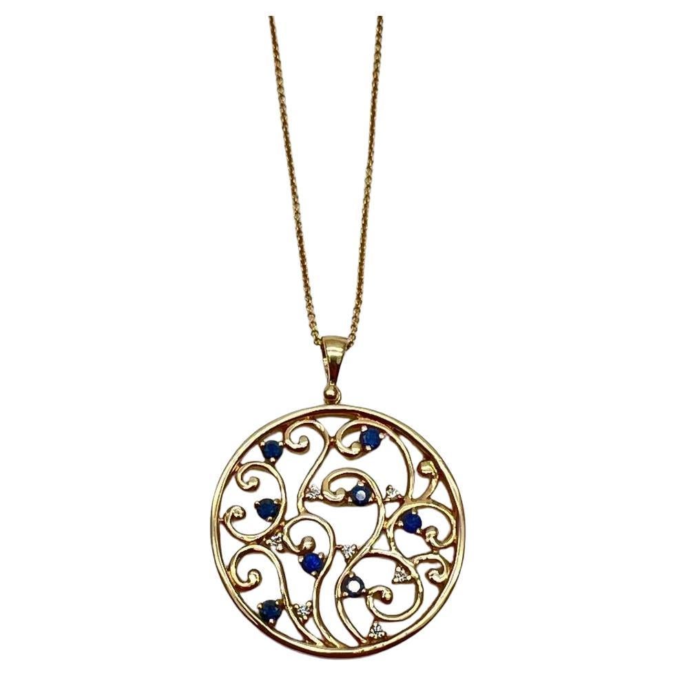 Blue Sapphire White Diamonds Floral Tree Nature 14K Yellow Gold Pendant Necklace