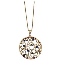 Blue Sapphire White Diamonds Floral Tree Nature 14K Yellow Gold Pendant Necklace