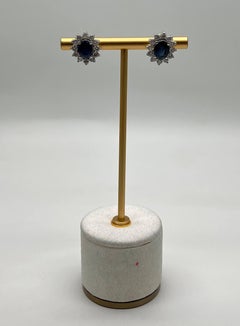 Blue Sapphire White Diamonds Halo Set Starburst 14K White Gold Stud Earrings
