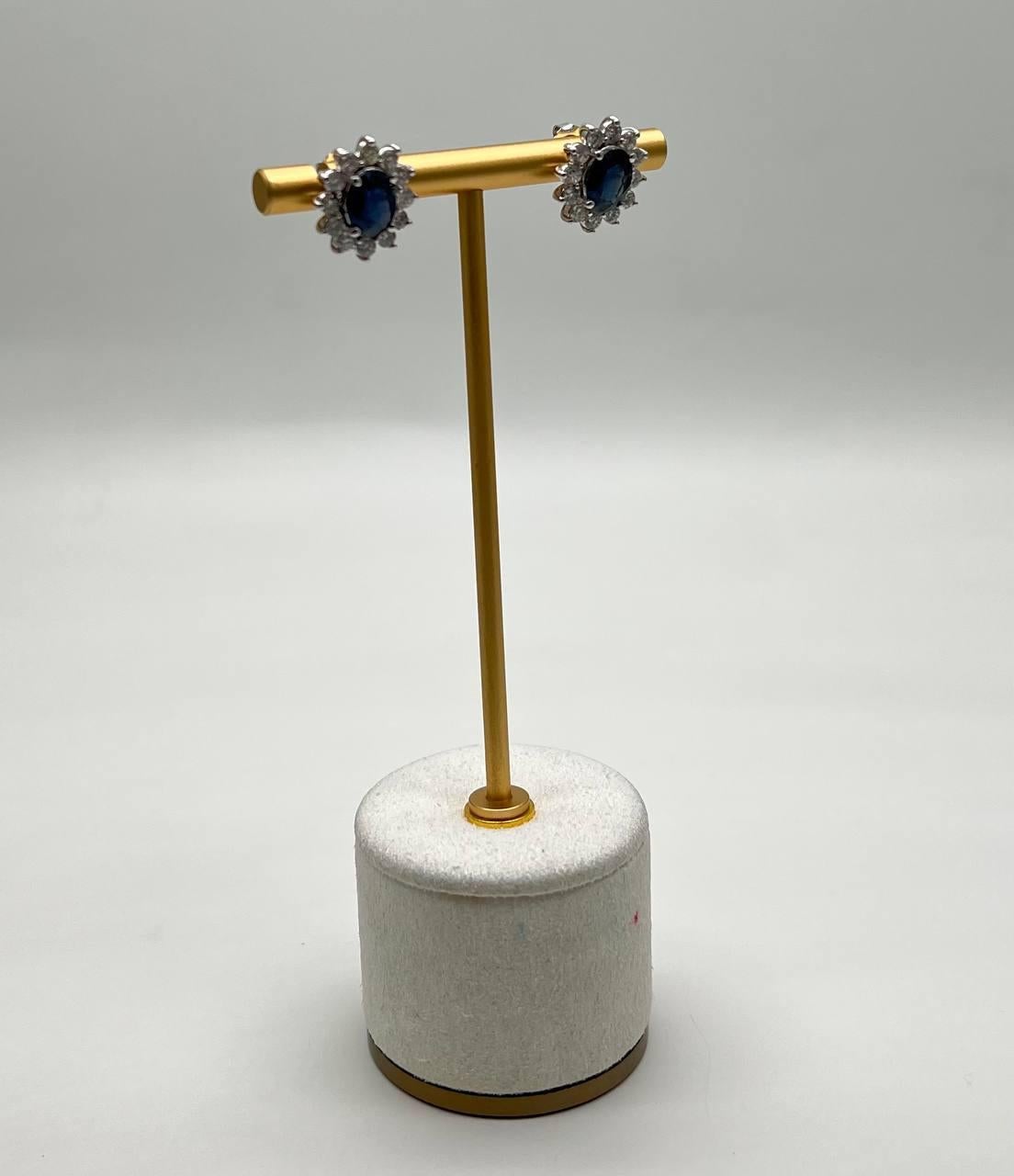 Mixed Cut Blue Sapphire White Diamonds Halo Set Starburst 14K White Gold Stud Earrings For Sale