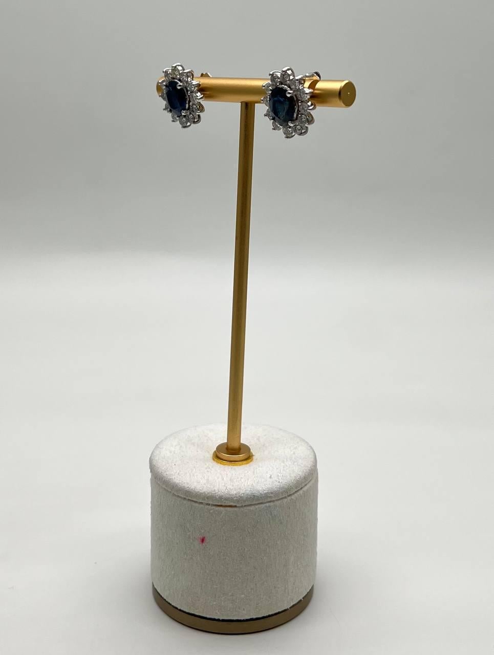 Blue Sapphire White Diamonds Halo Set Starburst 14K White Gold Stud Earrings In New Condition For Sale In Oakton, VA