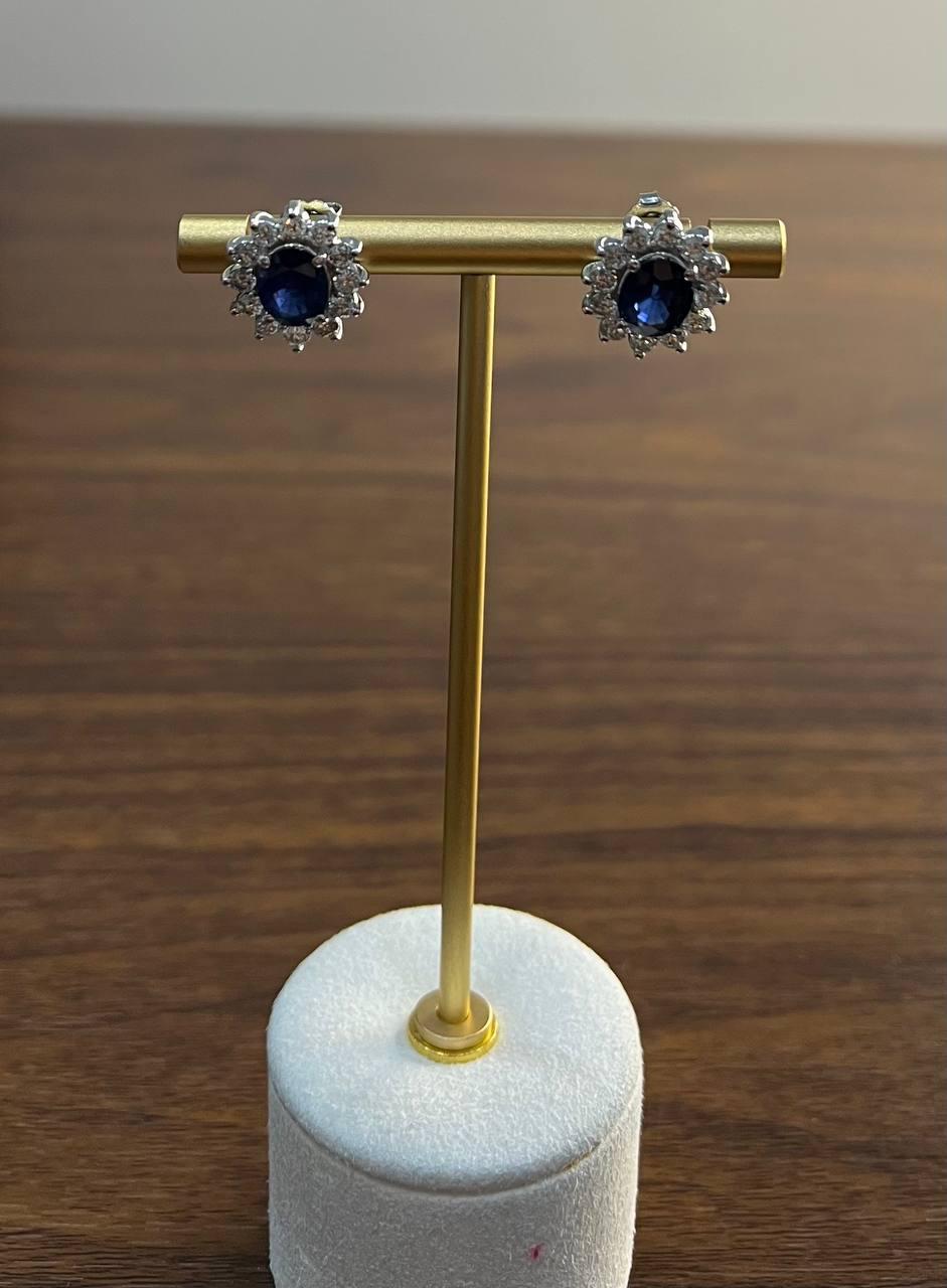 Blue Sapphire White Diamonds Halo Set Starburst 14K White Gold Stud Earrings For Sale 3