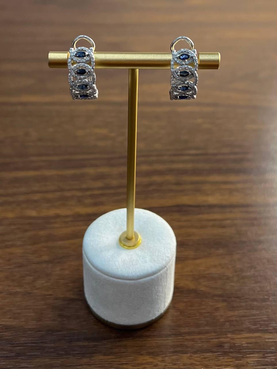 Women's Blue Sapphire & White Diamonds Pave Halo Set 14K White Gold Statement Earrings For Sale