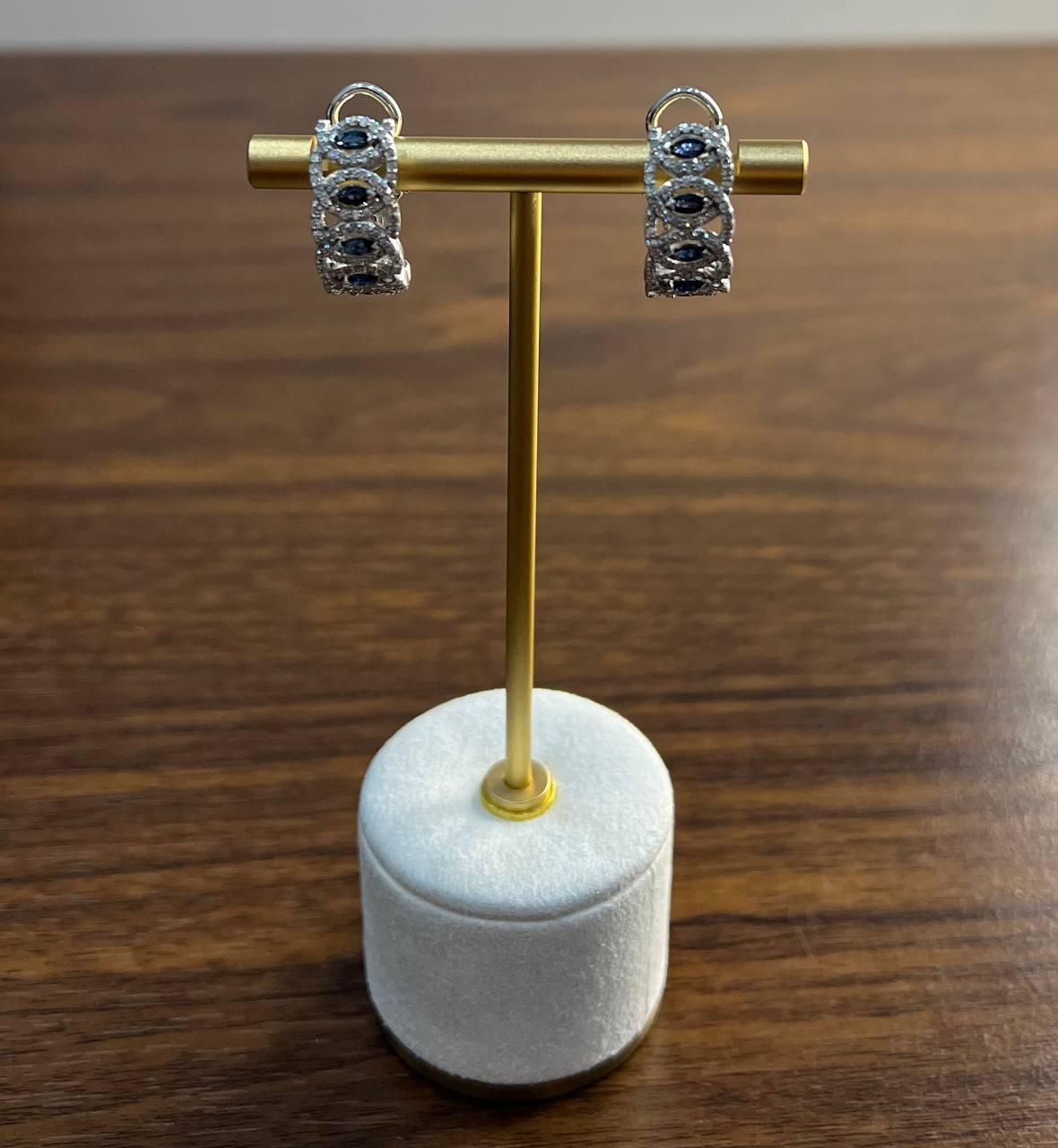Blue Sapphire & White Diamonds Pave Halo Set 14K White Gold Statement Earrings For Sale 1