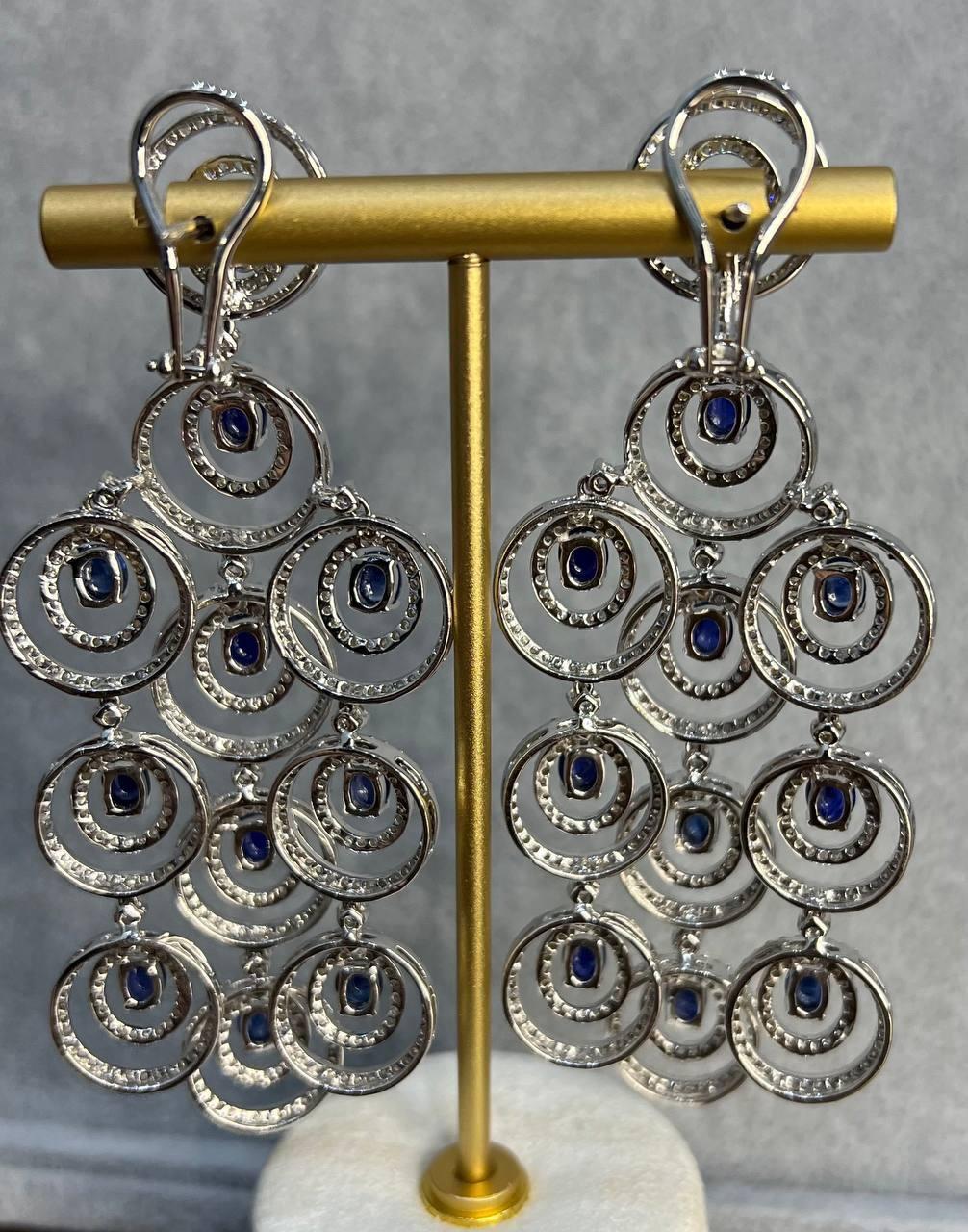 Mixed Cut Blue Sapphire & White Diamonds Statement Drop 18K White Gold Chandelier Earrings For Sale