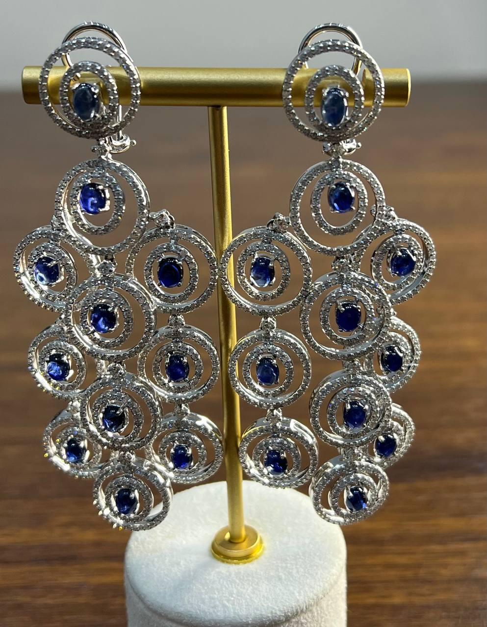 Blue Sapphire & White Diamonds Statement Drop 18K White Gold Chandelier Earrings In New Condition For Sale In Oakton, VA