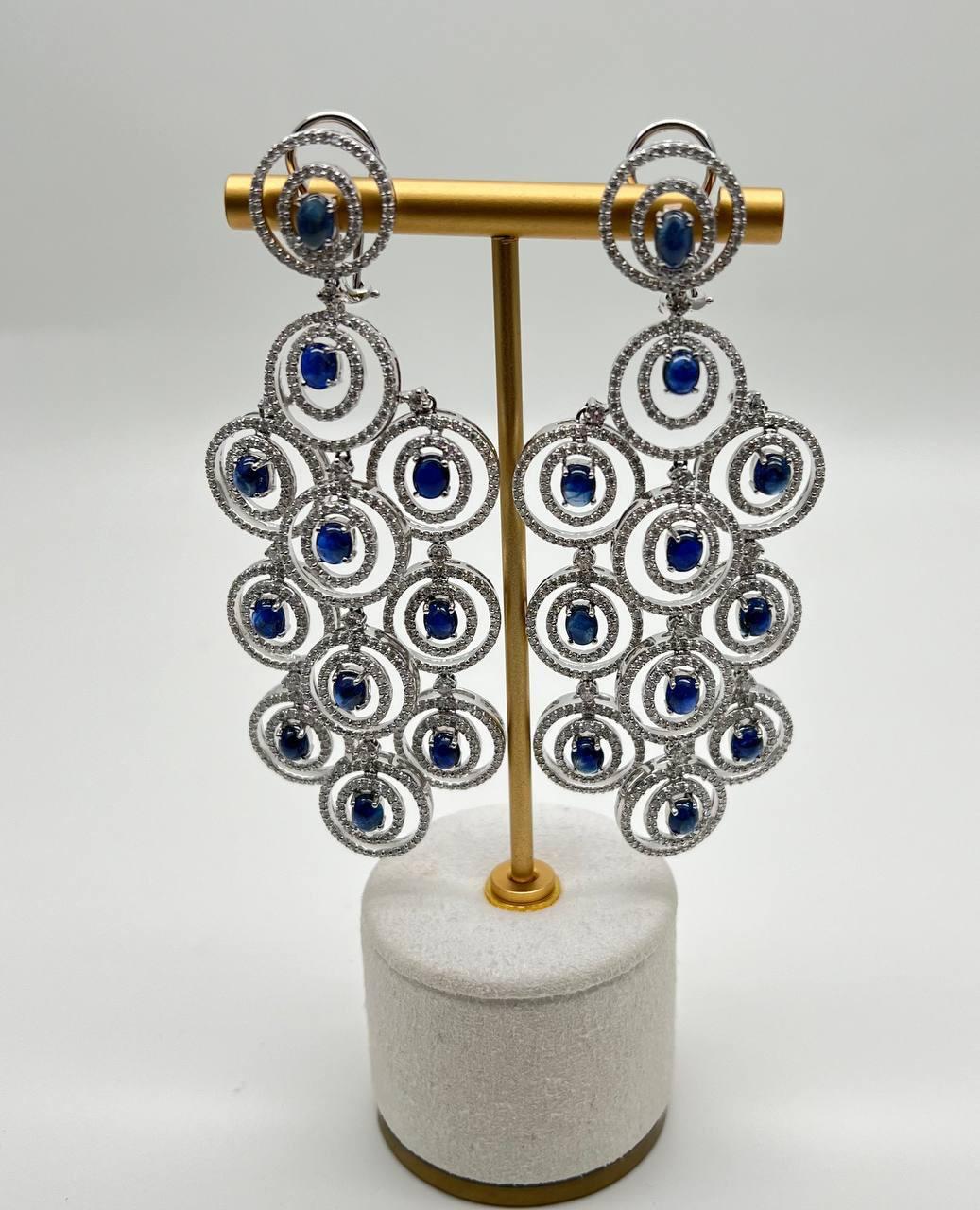 Women's Blue Sapphire & White Diamonds Statement Drop 18K White Gold Chandelier Earrings For Sale