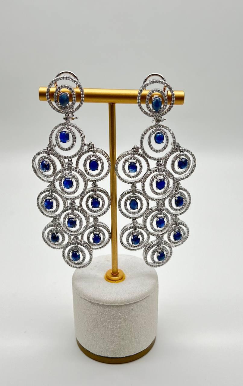 Blue Sapphire & White Diamonds Statement Drop 18K White Gold Chandelier Earrings For Sale 1