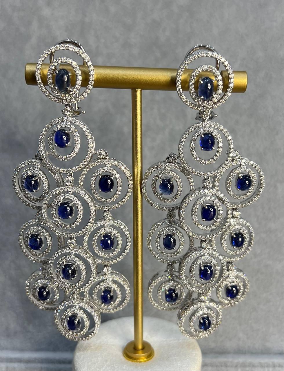 Blue Sapphire & White Diamonds Statement Drop 18K White Gold Chandelier Earrings For Sale 2