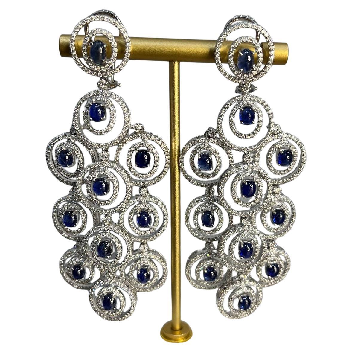 Blue Sapphire & White Diamonds Statement Drop 18K White Gold Chandelier Earrings For Sale