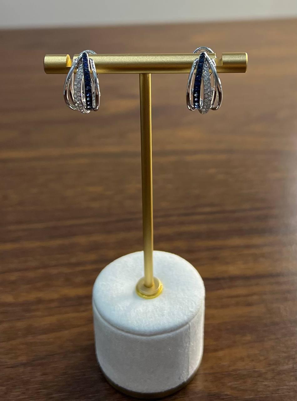 Blue Sapphire White Diamonds Wavy Spiral 14K White Gold Huggie Earrings For Sale 2