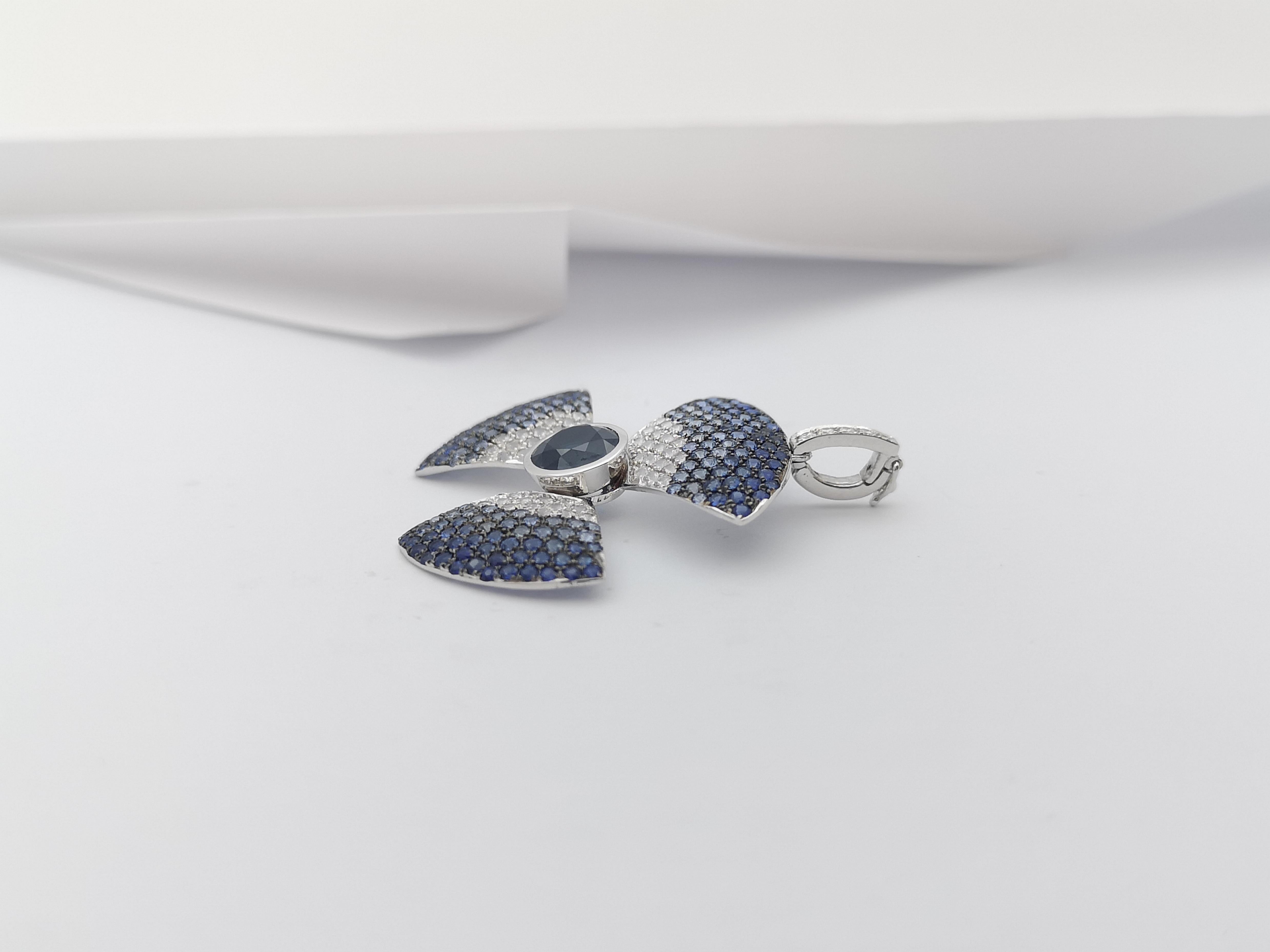 Blue Sapphire, White Sapphire and Diamond Pendant 18 Karat White Gold Settings For Sale 1
