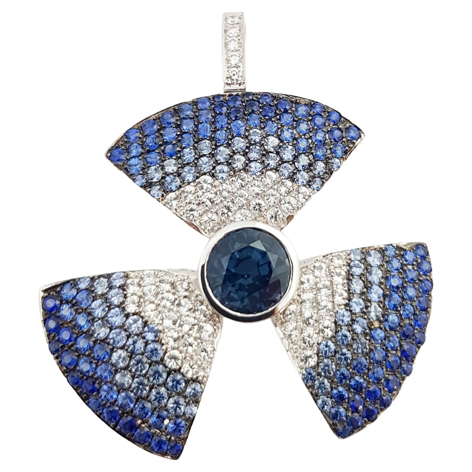 Blue Sapphire, White Sapphire and Diamond Pendant 18 Karat White Gold Settings For Sale