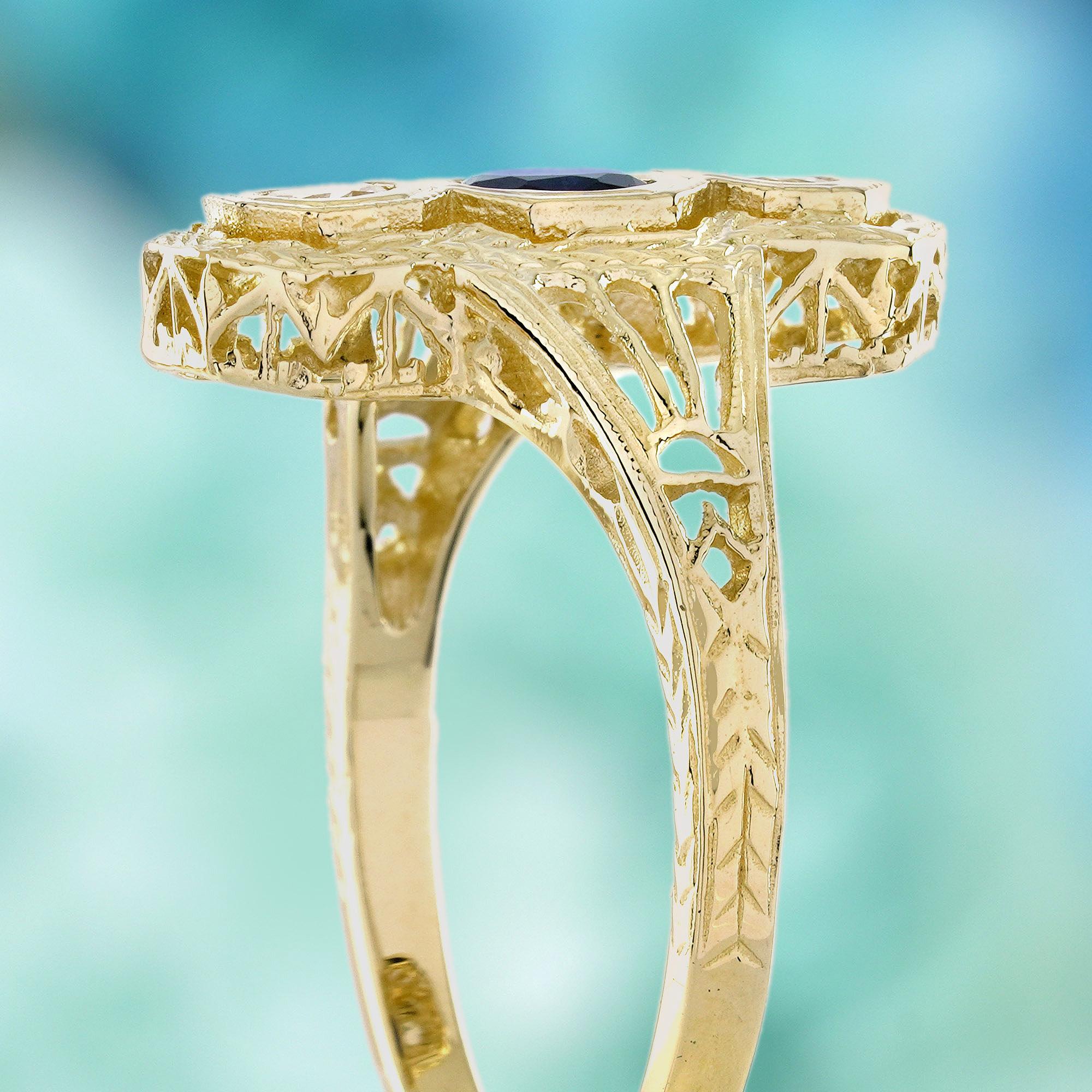 Femenino o masculino Zafiro azul Zafiro blanco Anillo de tres piedras estilo vintage en oro macizo de 9 quilates en venta