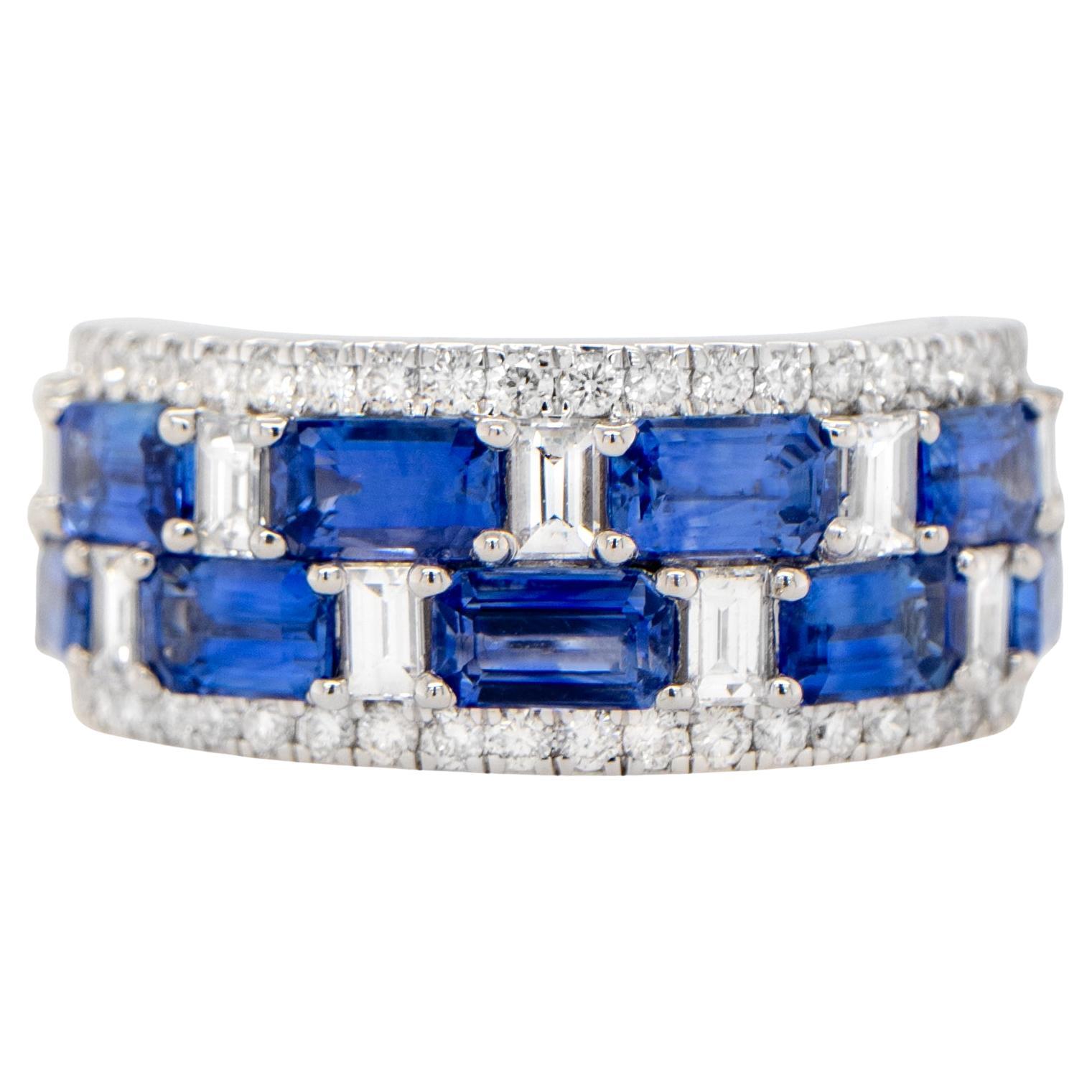 Blue Sapphire Wide Band Ring Diamonds 4.62 Carats 18K Gold For Sale