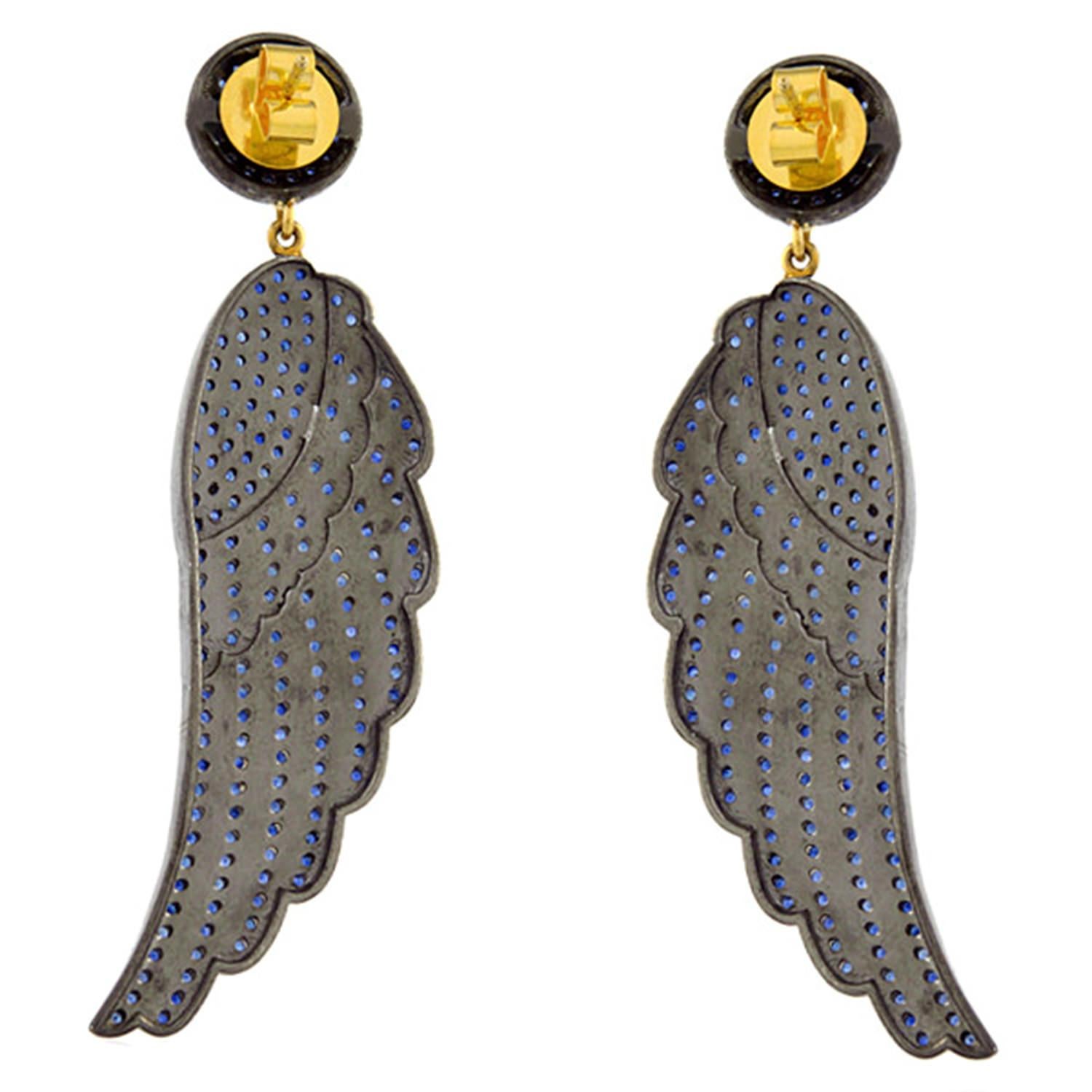 Round Cut Blue Sapphire Wings Chandelier Earrings 6.9 Carats For Sale