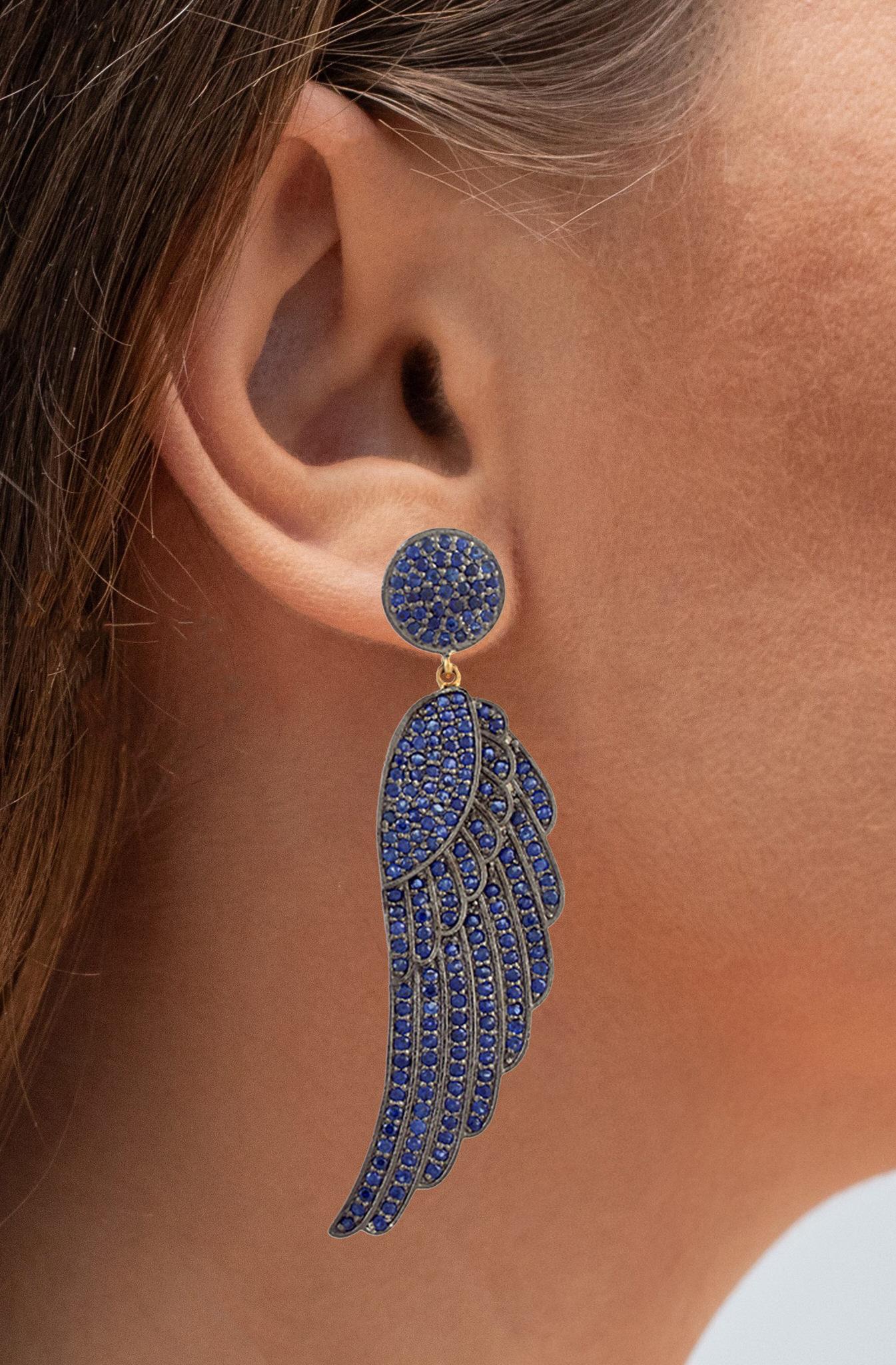 Contemporary Blue Sapphire Wings Dangle Earrings 6.93 Carats For Sale